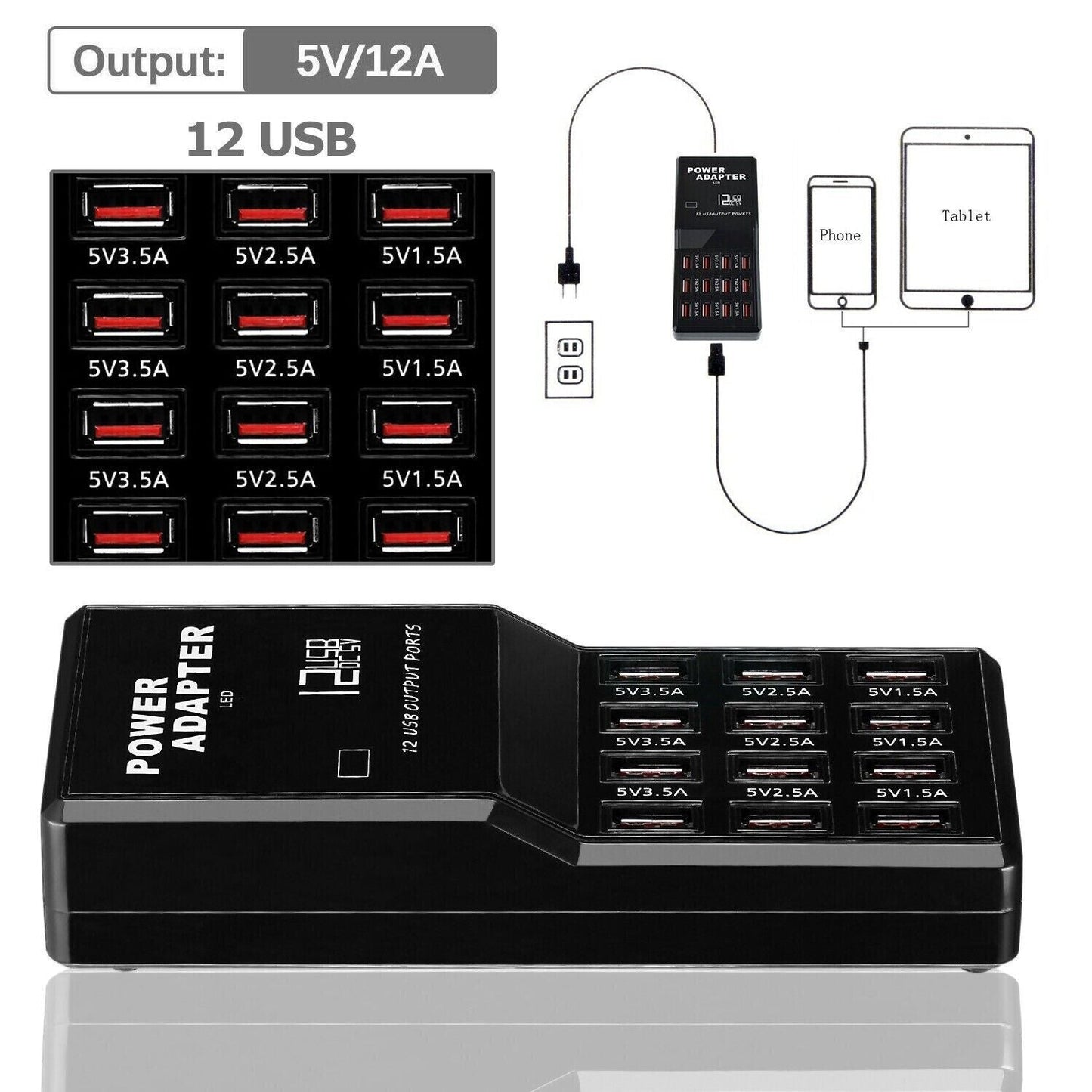 Multi 12 Port USB Charging Station Hub Desktop Wall Cell Phone Charger Organizer - DelightsDownSouth