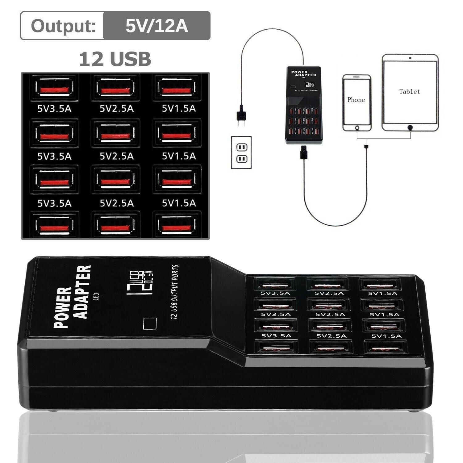 Multi 12 Port USB Charging Station Hub Desktop Wall Cell Phone Charger Organizer - DelightsDownSouth