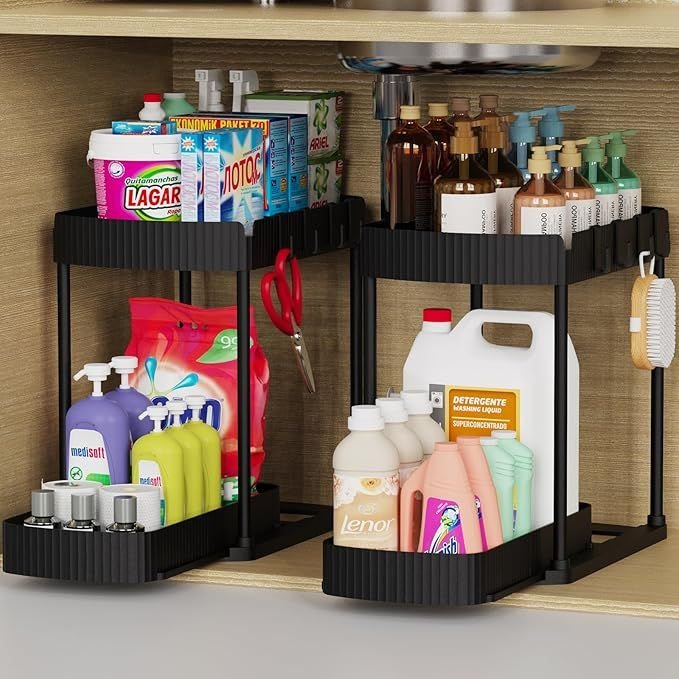 Multi - Purpose Pull - Out Storage Organizers, Under Sink/Cabinet Organizers and Storage for Bathroom & Kitchen, Black, 12.8 Inches, 2 Packs - DelightsDownSouth
