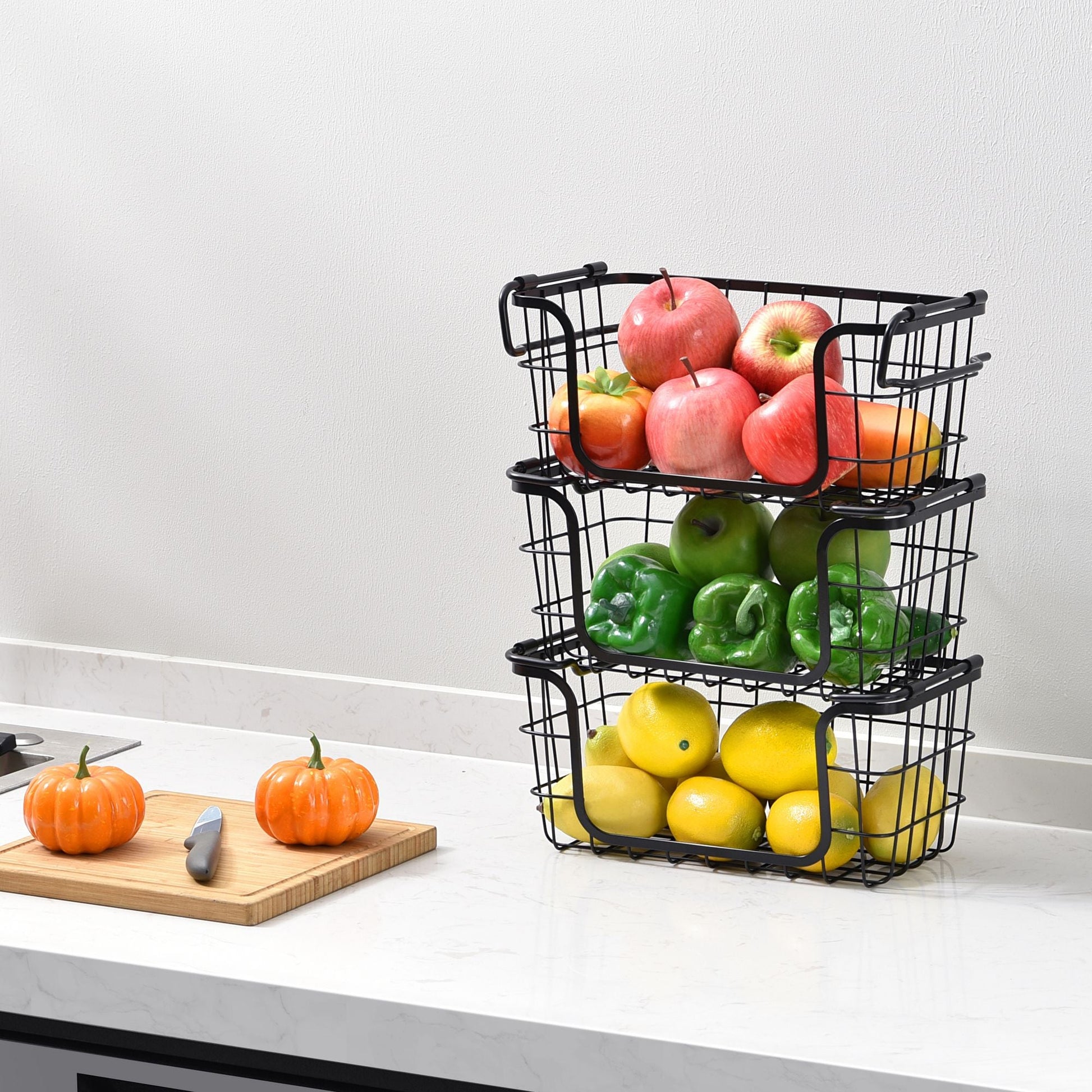 Oceanstar Stackable Metal Wire Storage Basket Set for Pantry, Countertop, Kitchen or Bathroom – Black, Set of 3 - DelightsDownSouth