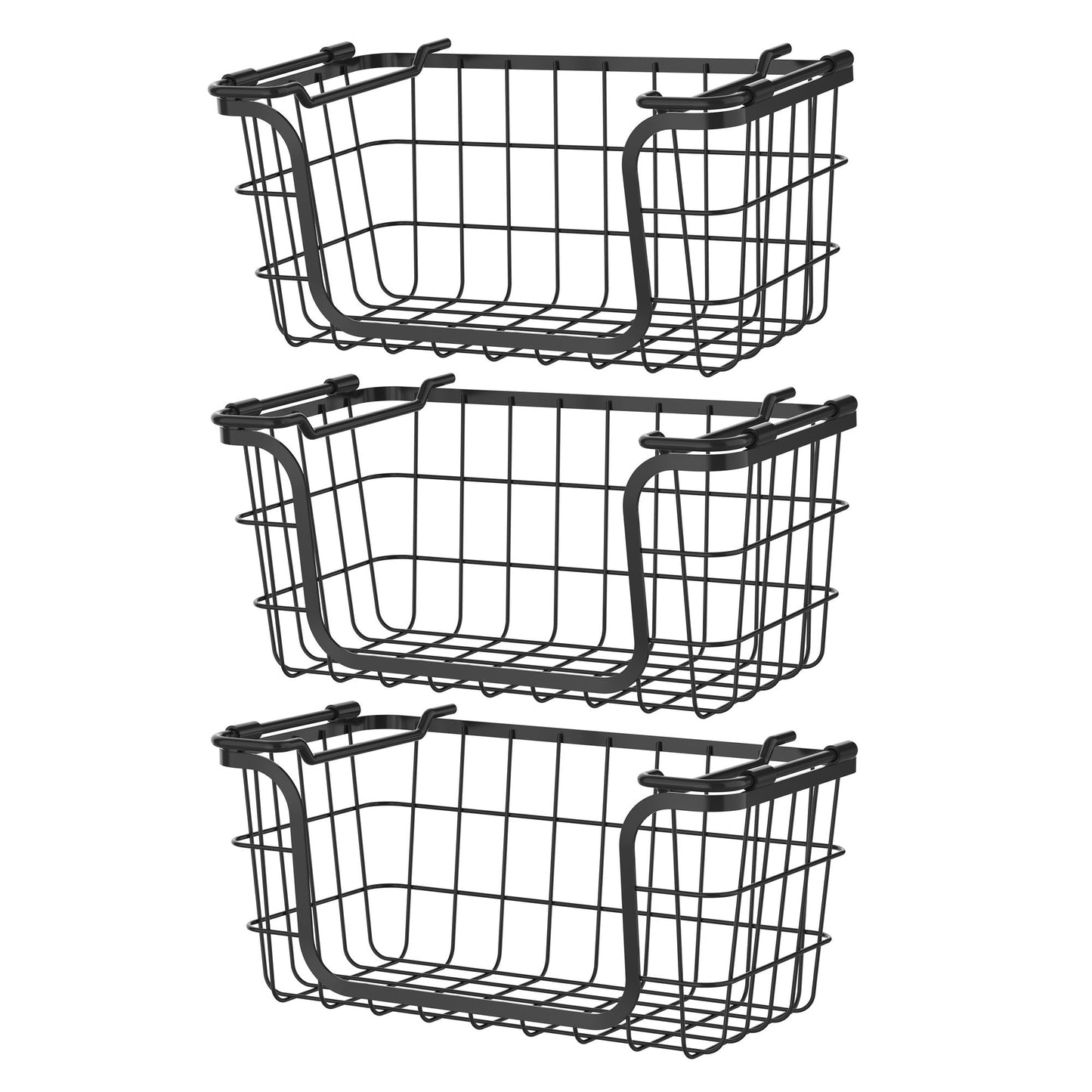 Oceanstar Stackable Metal Wire Storage Basket Set for Pantry, Countertop, Kitchen or Bathroom – Black, Set of 3 - DelightsDownSouth