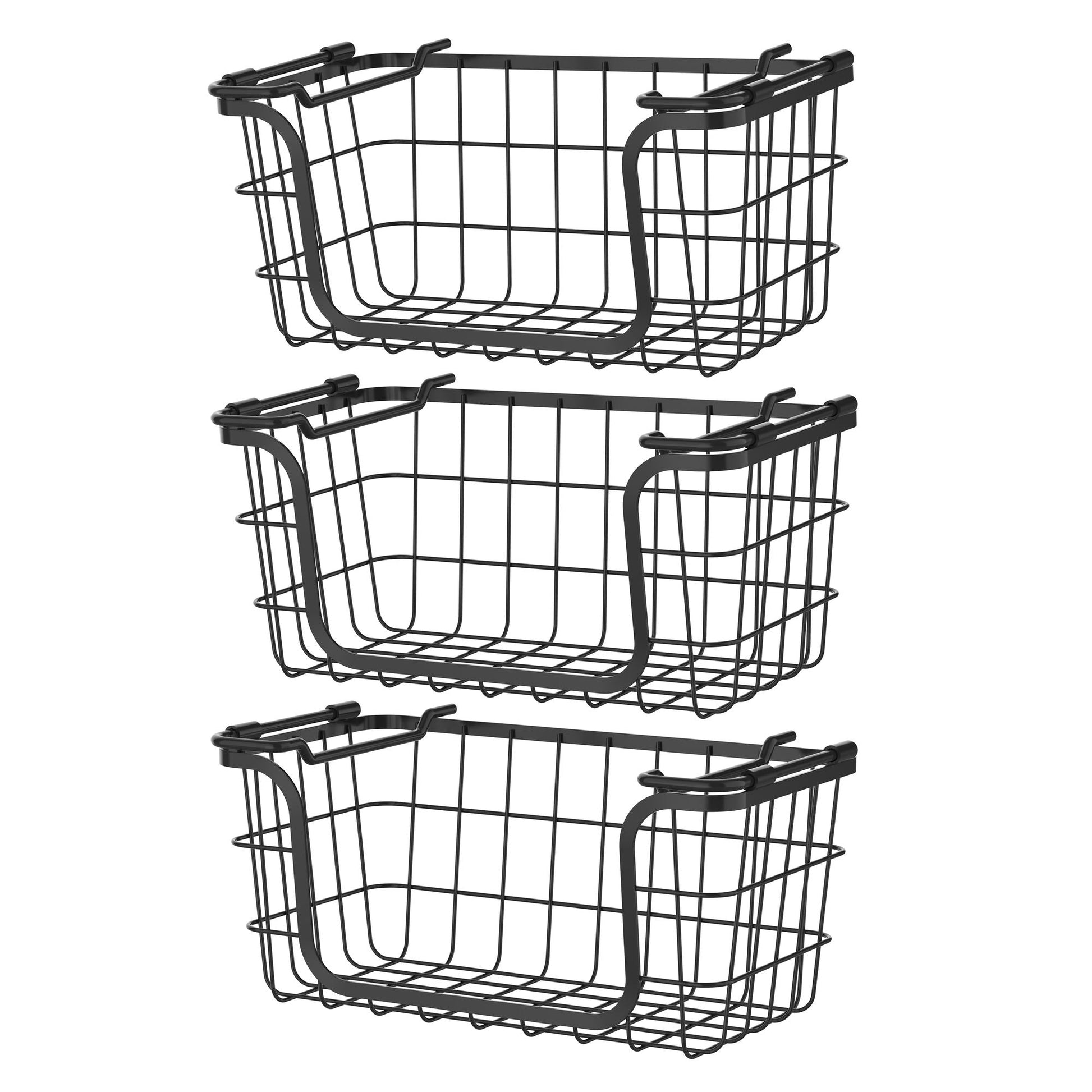 Oceanstar Stackable Metal Wire Storage Basket Set for Pantry, Countertop, Kitchen or Bathroom – Black, Set of 3 - DelightsDownSouth