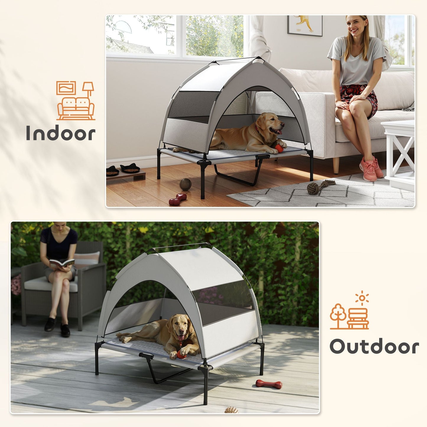 PawHut Elevated Dog Bed with Removable Canopy, Portable Outside Raised Pet Cot with Cooling Pad, Storage Bag, 36" x 29.5" x 35" - DelightsDownSouth