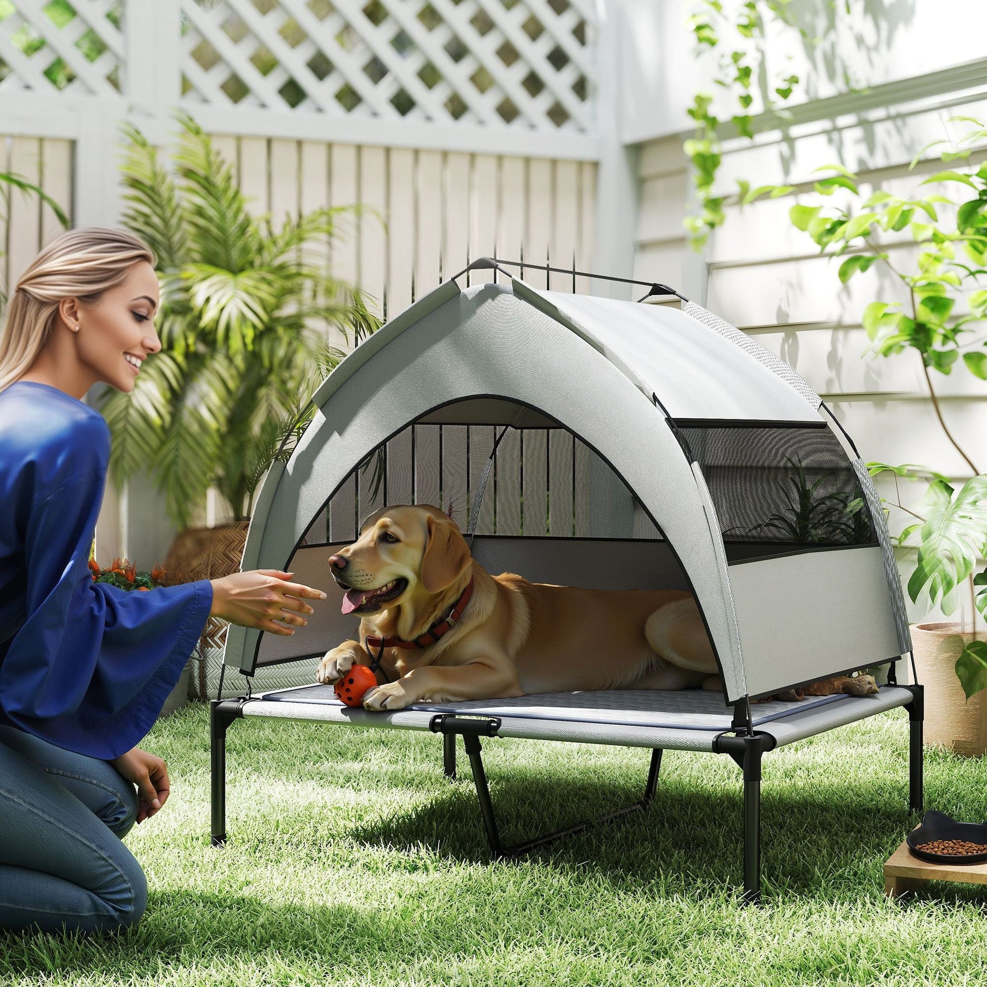 PawHut Elevated Dog Bed with Removable Canopy, Portable Outside Raised Pet Cot with Cooling Pad, Storage Bag, 36" x 29.5" x 35" - DelightsDownSouth