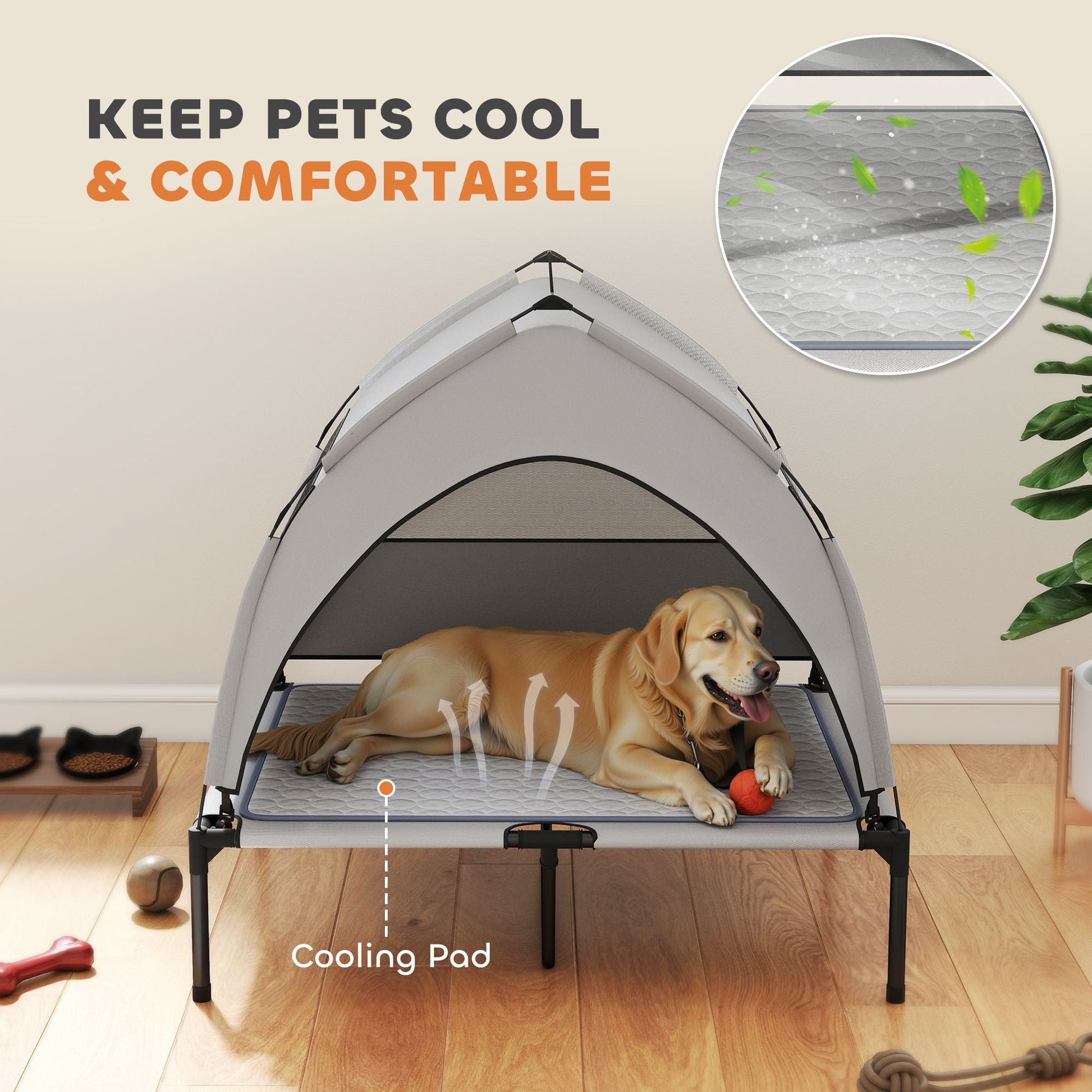 PawHut Elevated Dog Bed with Removable Canopy, Portable Outside Raised Pet Cot with Cooling Pad, Storage Bag, 36" x 29.5" x 35" - DelightsDownSouth