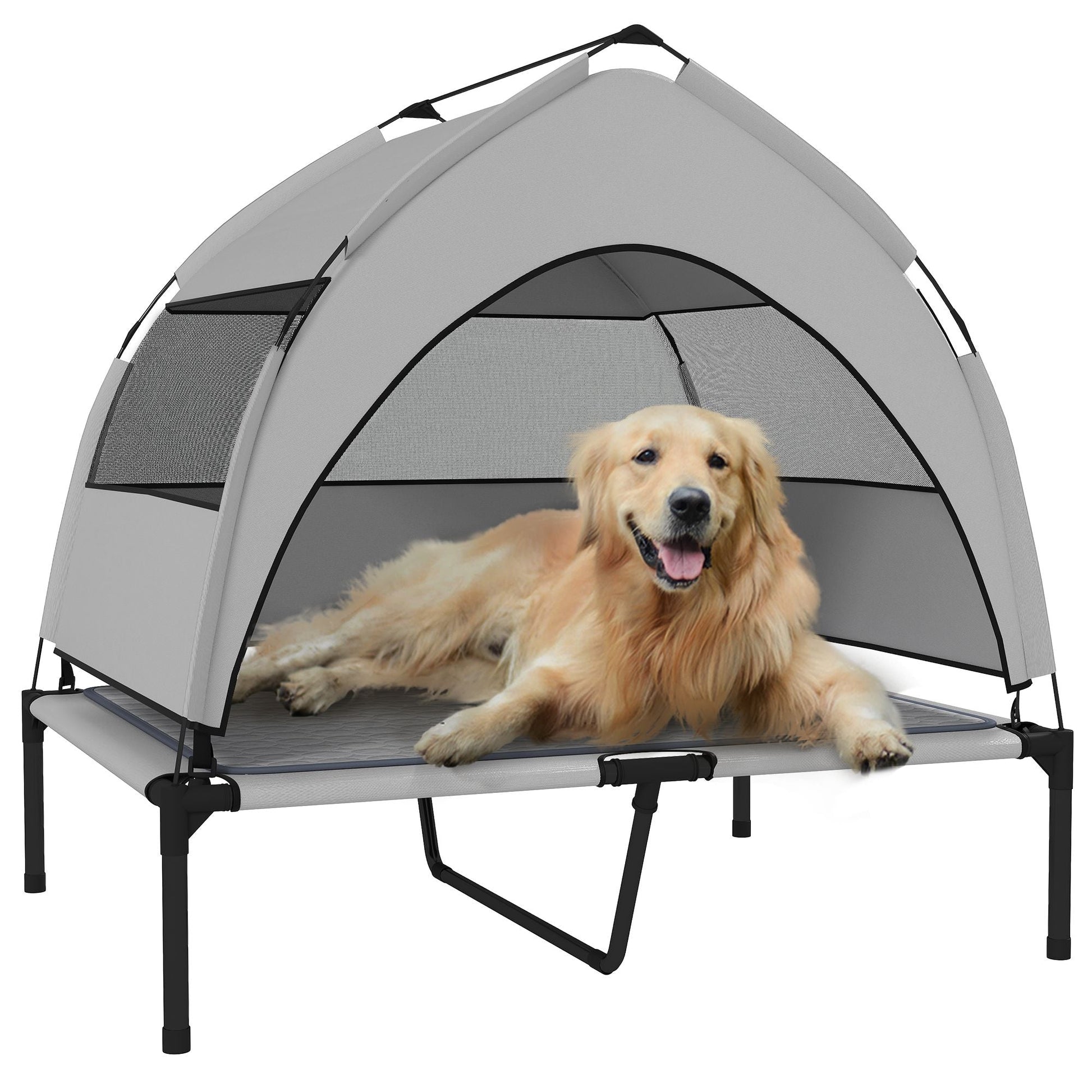 PawHut Elevated Dog Bed with Removable Canopy, Portable Outside Raised Pet Cot with Cooling Pad, Storage Bag, 36" x 29.5" x 35" - DelightsDownSouth