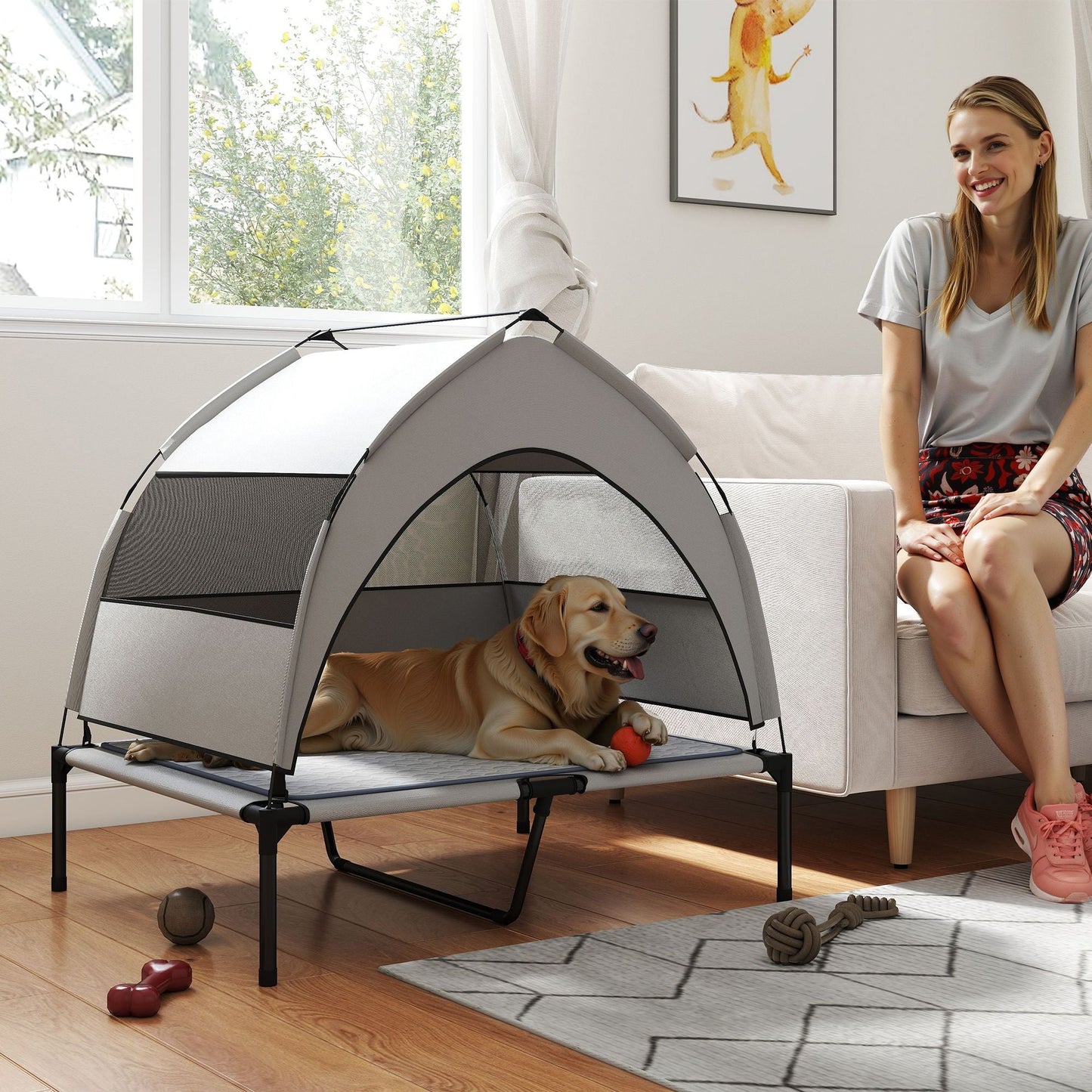 PawHut Elevated Dog Bed with Removable Canopy, Portable Outside Raised Pet Cot with Cooling Pad, Storage Bag, 36" x 29.5" x 35" - DelightsDownSouth