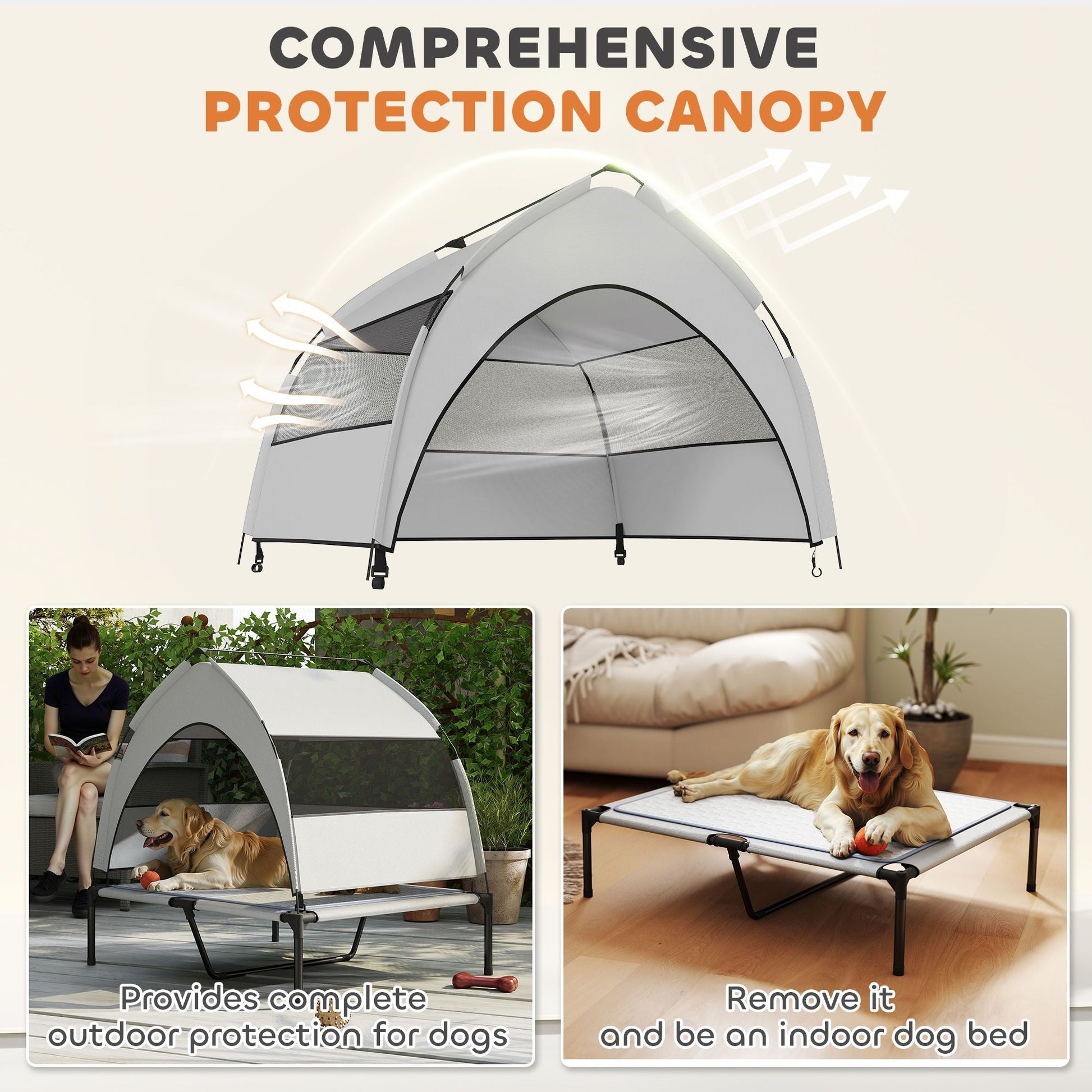 PawHut Elevated Dog Bed with Removable Canopy, Portable Outside Raised Pet Cot with Cooling Pad, Storage Bag, 36" x 29.5" x 35" - DelightsDownSouth