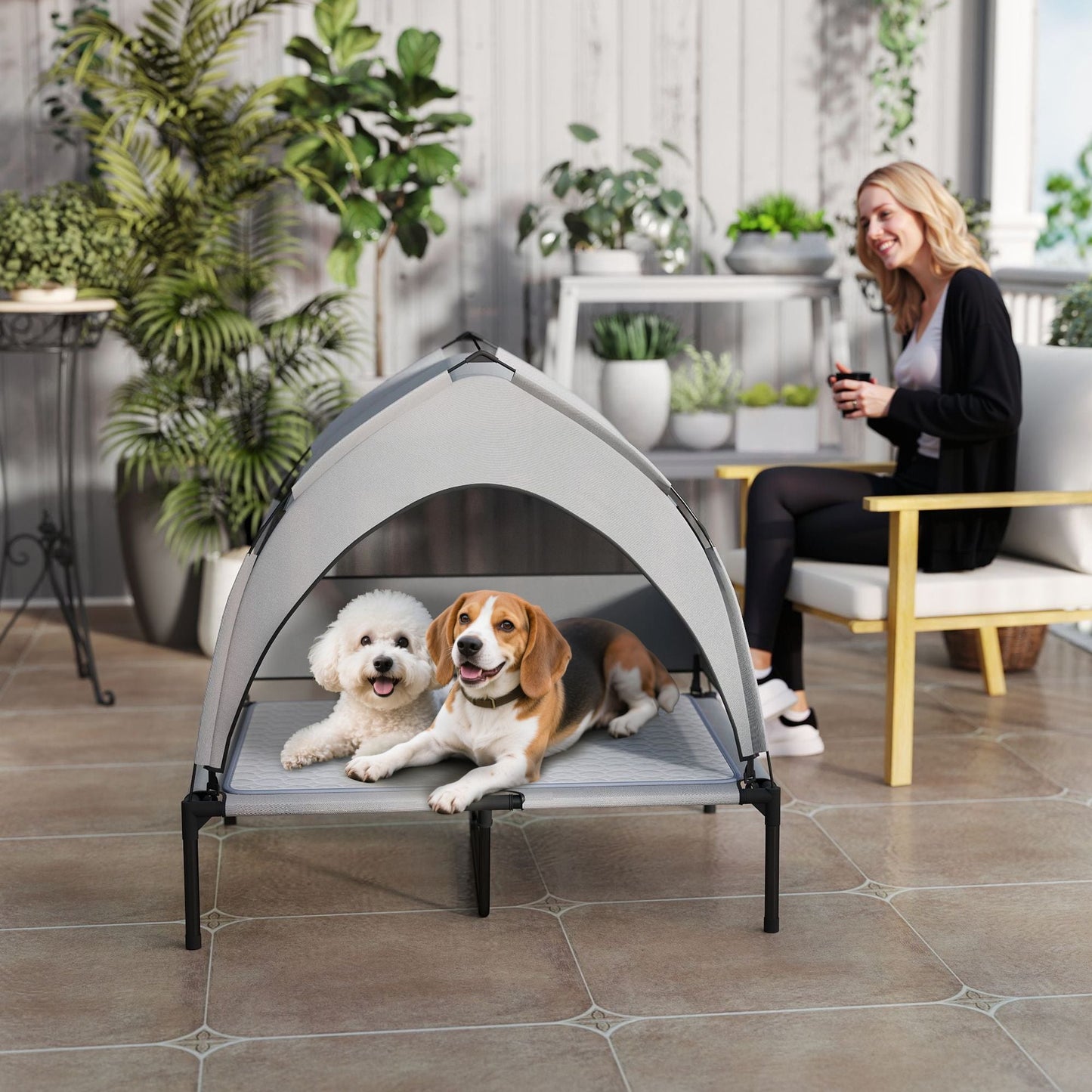 PawHut Elevated Dog Bed with Removable Canopy, Portable Outside Raised Pet Cot with Cooling Pad, Storage Bag, 36" x 29.5" x 35" - DelightsDownSouth