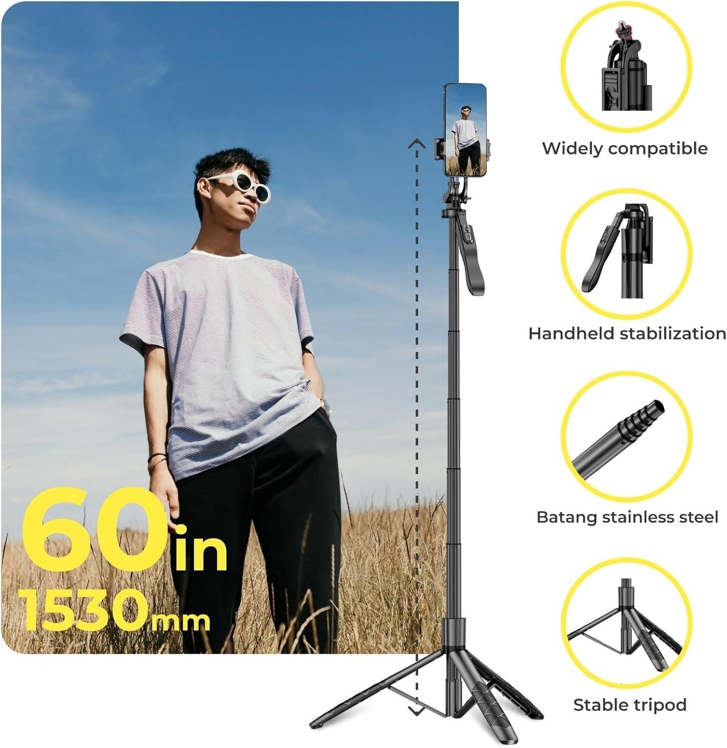 Phone Tripod 62" Selfie Stick for iPhone with Remote and 3W LED Light, Universal Mount, Phone Stand for Recording & Streaming, Tripod for iPhone & Android Phone & Gopro - DelightsDownSouth