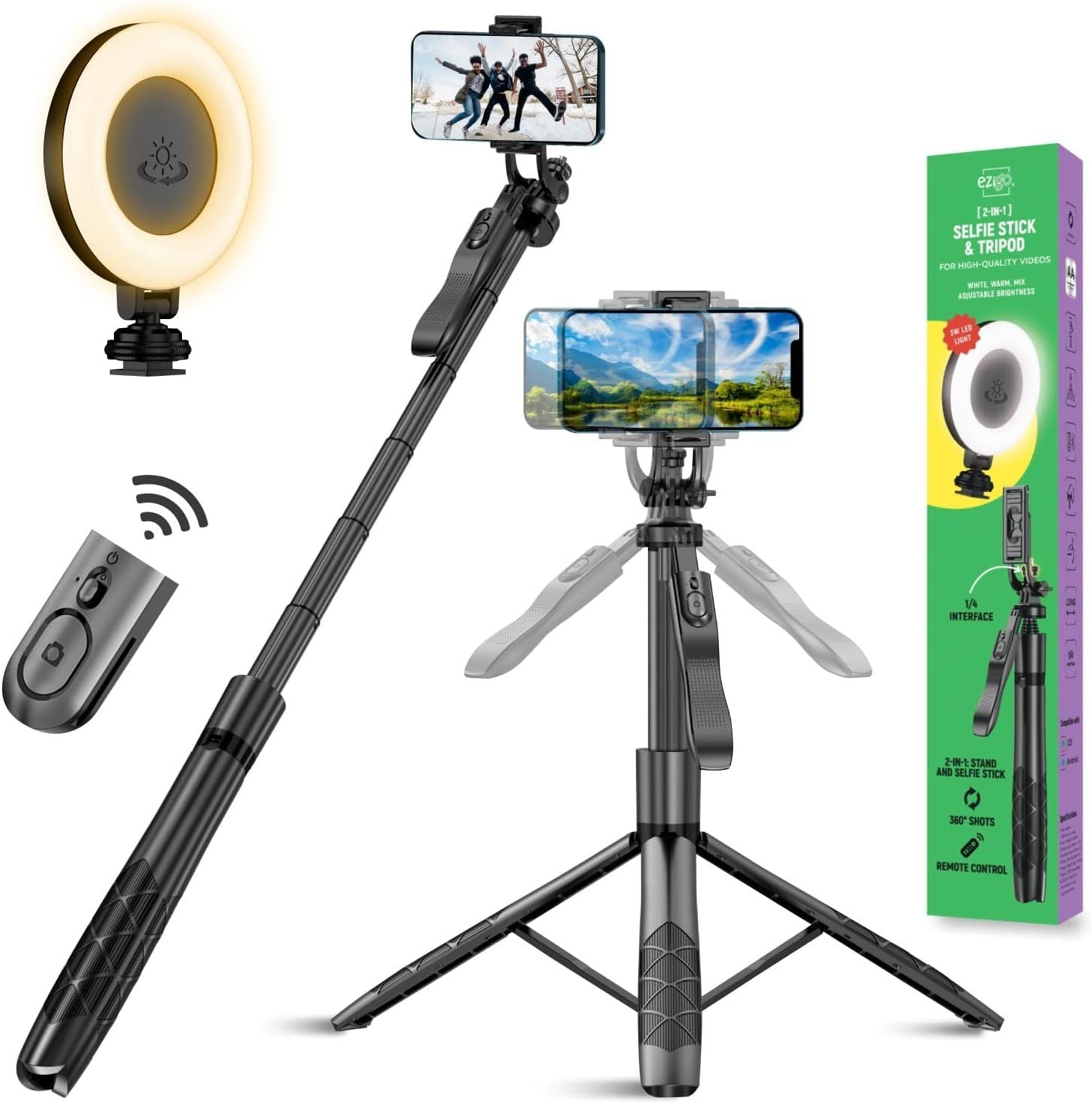 Phone Tripod 62" Selfie Stick for iPhone with Remote and 3W LED Light, Universal Mount, Phone Stand for Recording & Streaming, Tripod for iPhone & Android Phone & Gopro - DelightsDownSouth