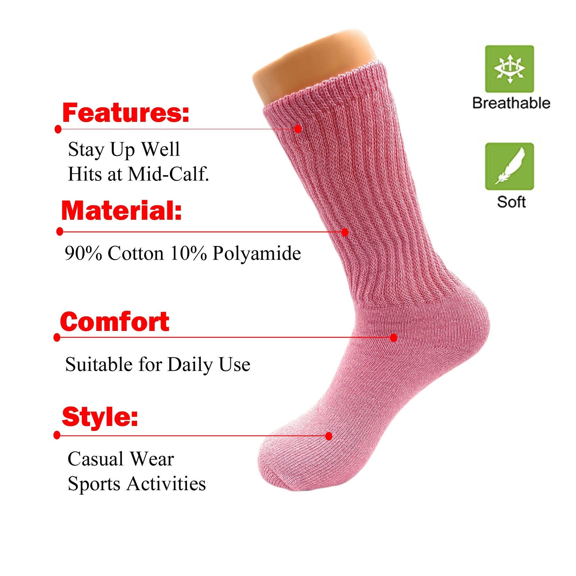 Pink Long Cotton Crew Socks for Women Mid - Calf Socks 3 Pairs - DelightsDownSouth