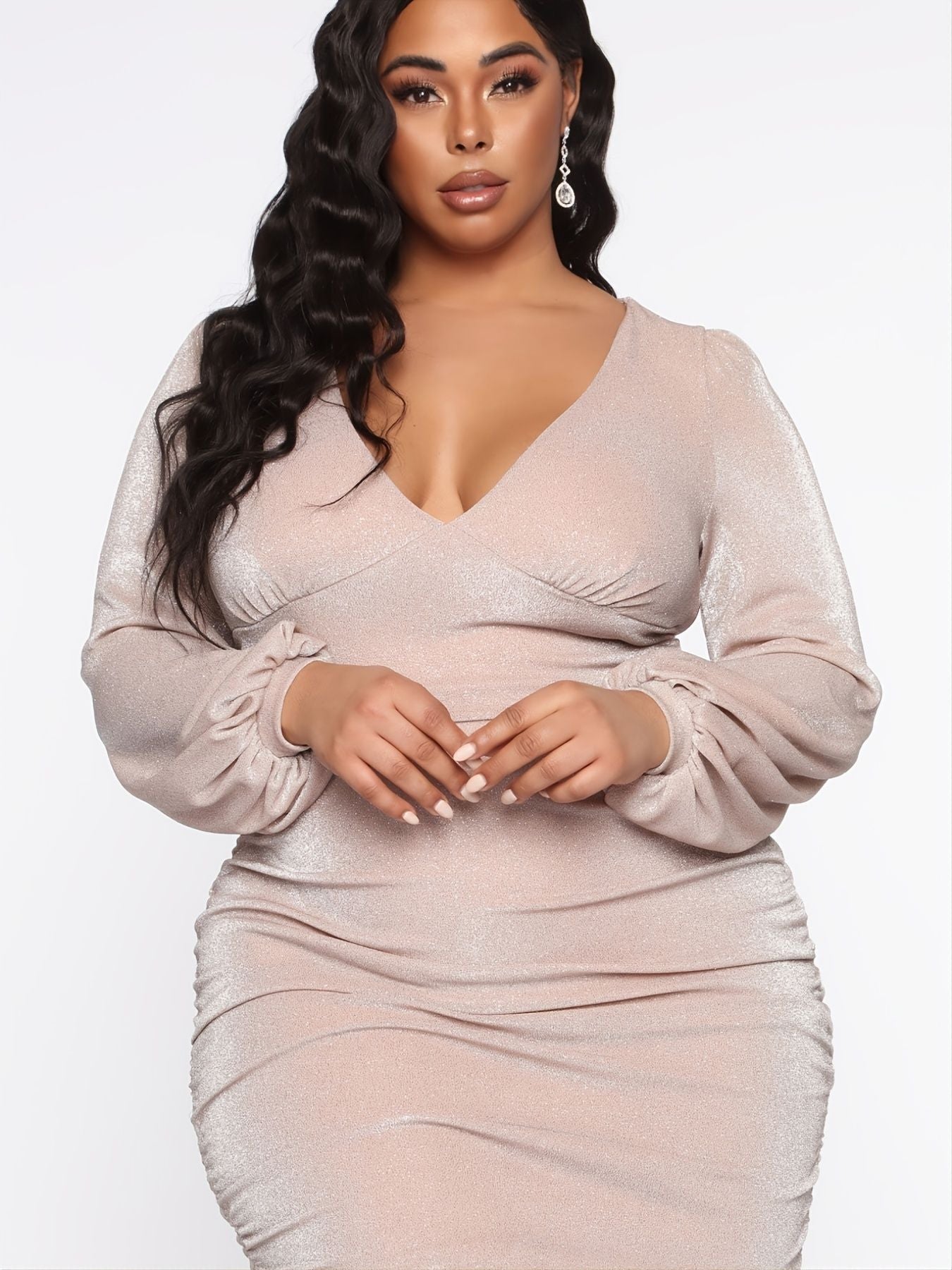 Plus Size V Neck Puff Sleeve Party Bodycon Dress; Women's Plus Sexy Medium Stretch Night Out Dress - DelightsDownSouth
