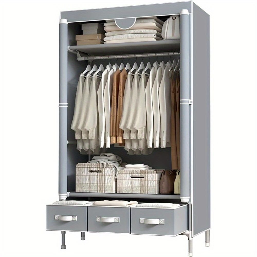 Portable Clothes Closet Rolling Door Wardrobe with Hanging Rack Non - Woven Fabric Storage Organizer with Three Drawer Boxes No - Tool Assembly - 67in*35.4in*17.7in(Gray) - DelightsDownSouth