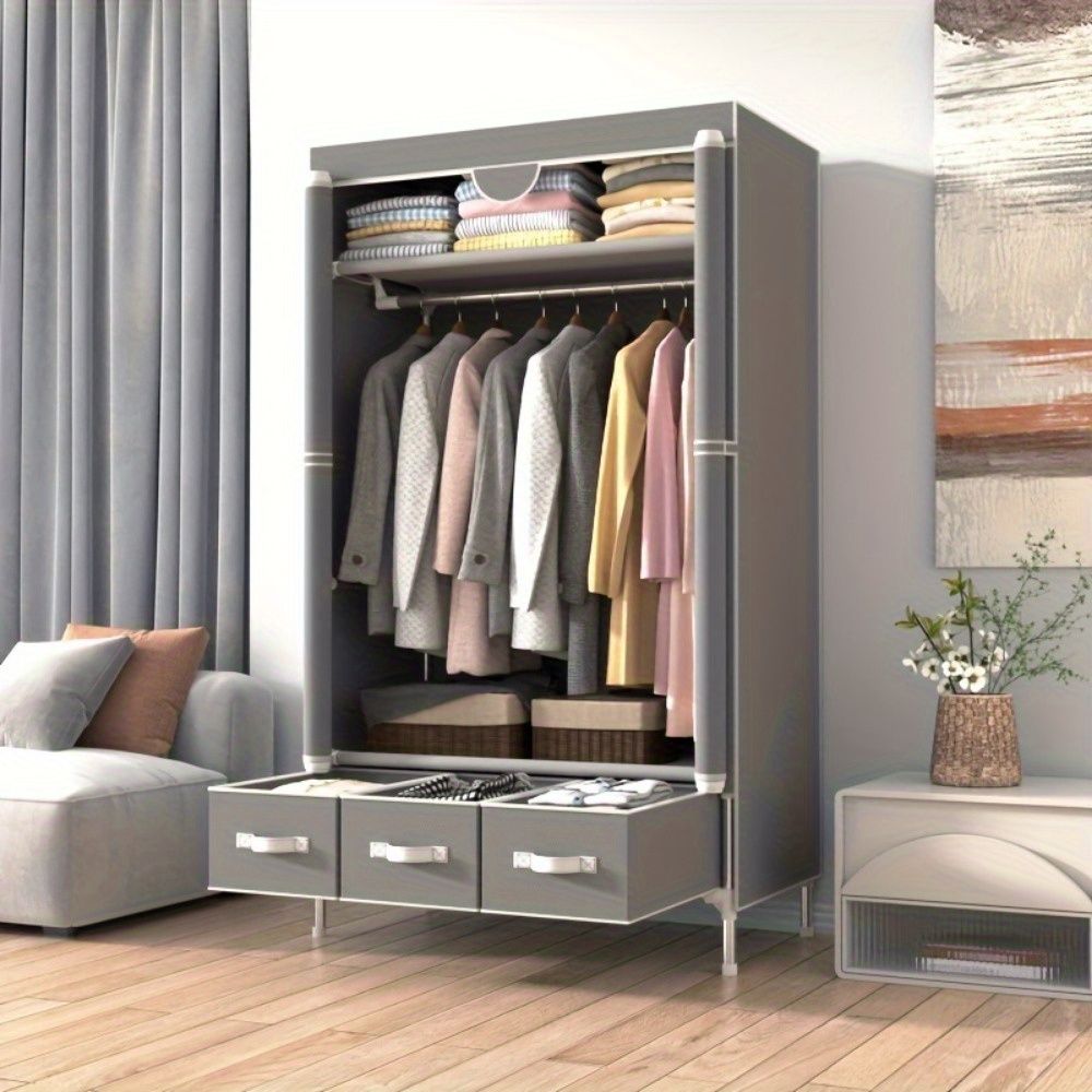 Portable Clothes Closet Rolling Door Wardrobe with Hanging Rack Non - Woven Fabric Storage Organizer with Three Drawer Boxes No - Tool Assembly - 67in*35.4in*17.7in(Gray) - DelightsDownSouth