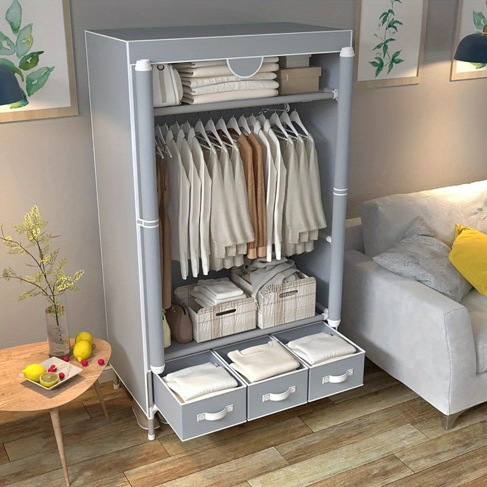 Portable Clothes Closet Rolling Door Wardrobe with Hanging Rack Non - Woven Fabric Storage Organizer with Three Drawer Boxes No - Tool Assembly - 67in*35.4in*17.7in(Gray) - DelightsDownSouth