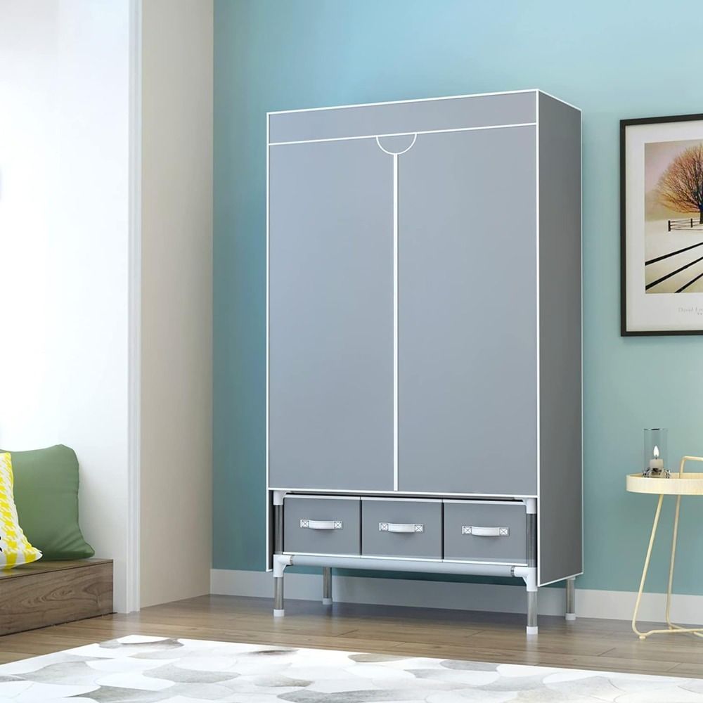 Portable Clothes Closet Rolling Door Wardrobe with Hanging Rack Non - Woven Fabric Storage Organizer with Three Drawer Boxes No - Tool Assembly - 67in*35.4in*17.7in(Gray) - DelightsDownSouth