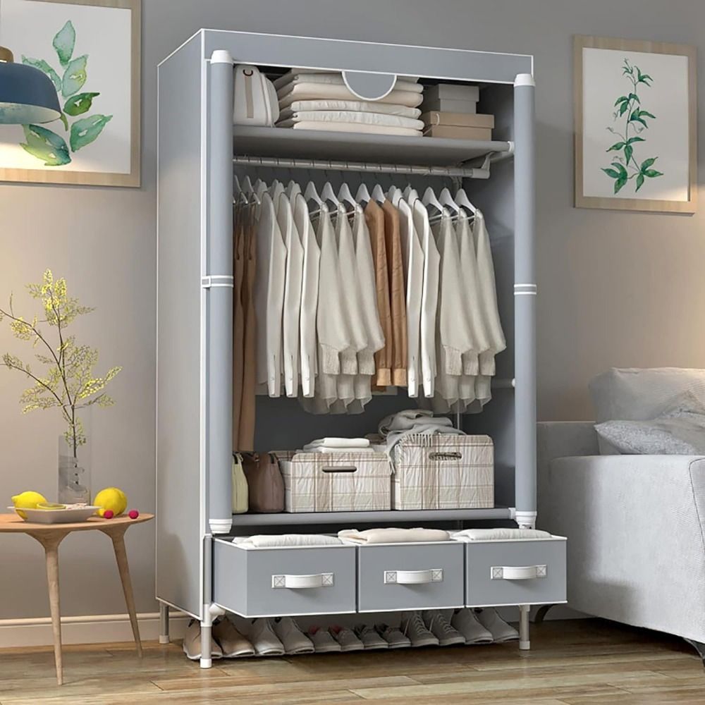 Portable Clothes Closet Rolling Door Wardrobe with Hanging Rack Non - Woven Fabric Storage Organizer with Three Drawer Boxes No - Tool Assembly - 67in*35.4in*17.7in(Gray) - DelightsDownSouth