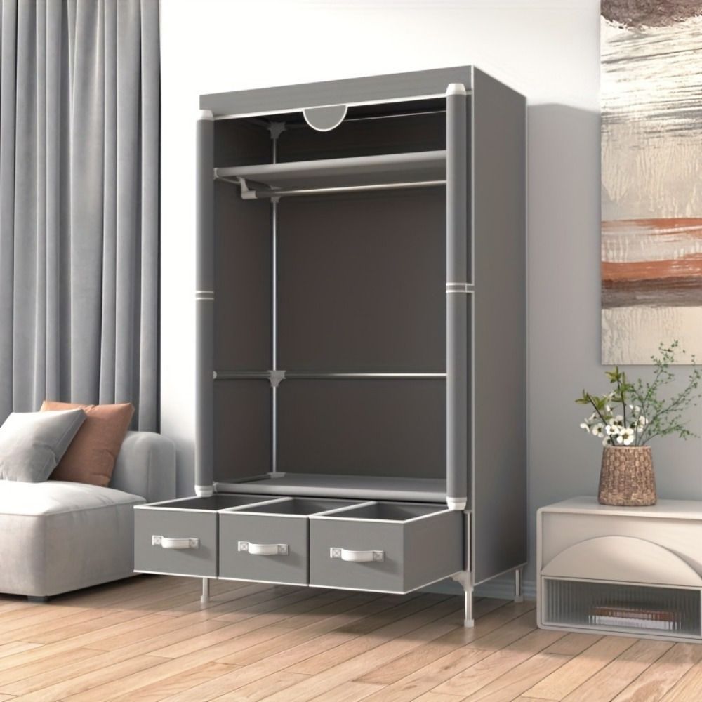 Portable Clothes Closet Rolling Door Wardrobe with Hanging Rack Non - Woven Fabric Storage Organizer with Three Drawer Boxes No - Tool Assembly - 67in*35.4in*17.7in(Gray) - DelightsDownSouth