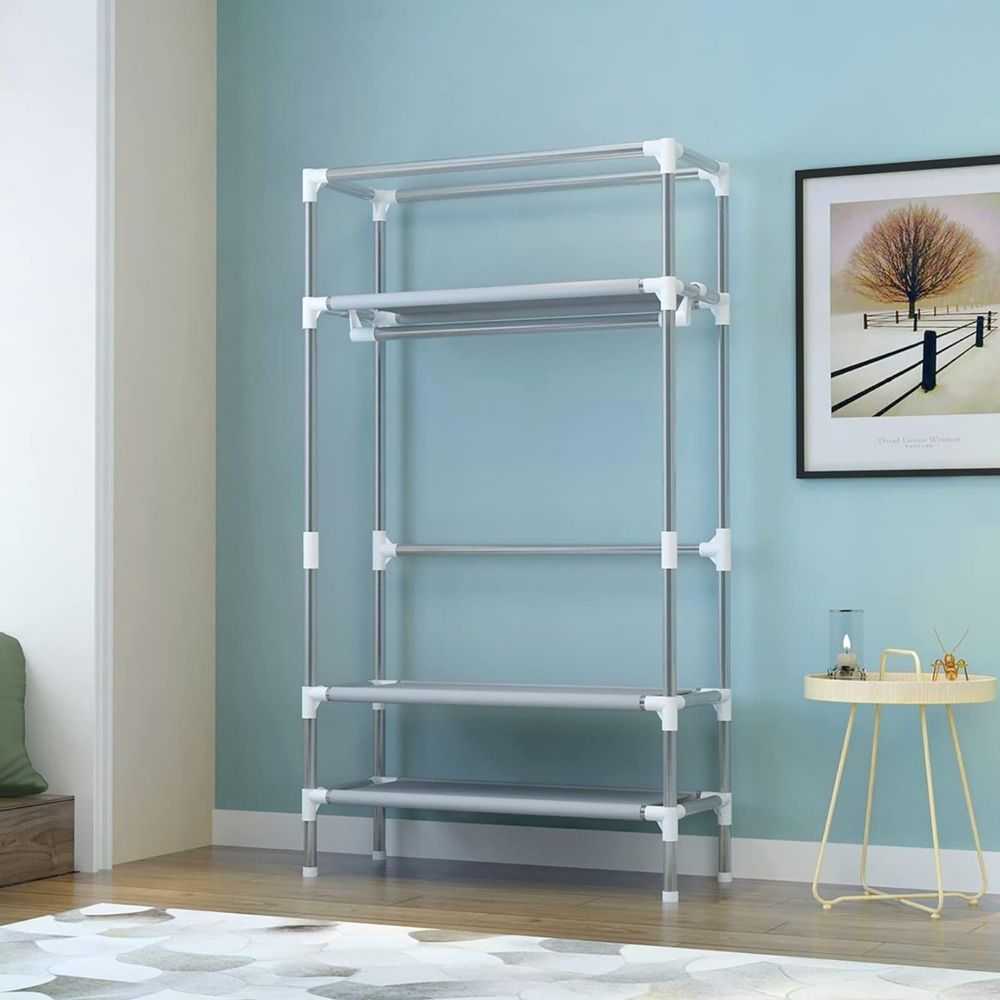 Portable Clothes Closet Rolling Door Wardrobe with Hanging Rack Non - Woven Fabric Storage Organizer with Three Drawer Boxes No - Tool Assembly - 67in*35.4in*17.7in(Gray) - DelightsDownSouth