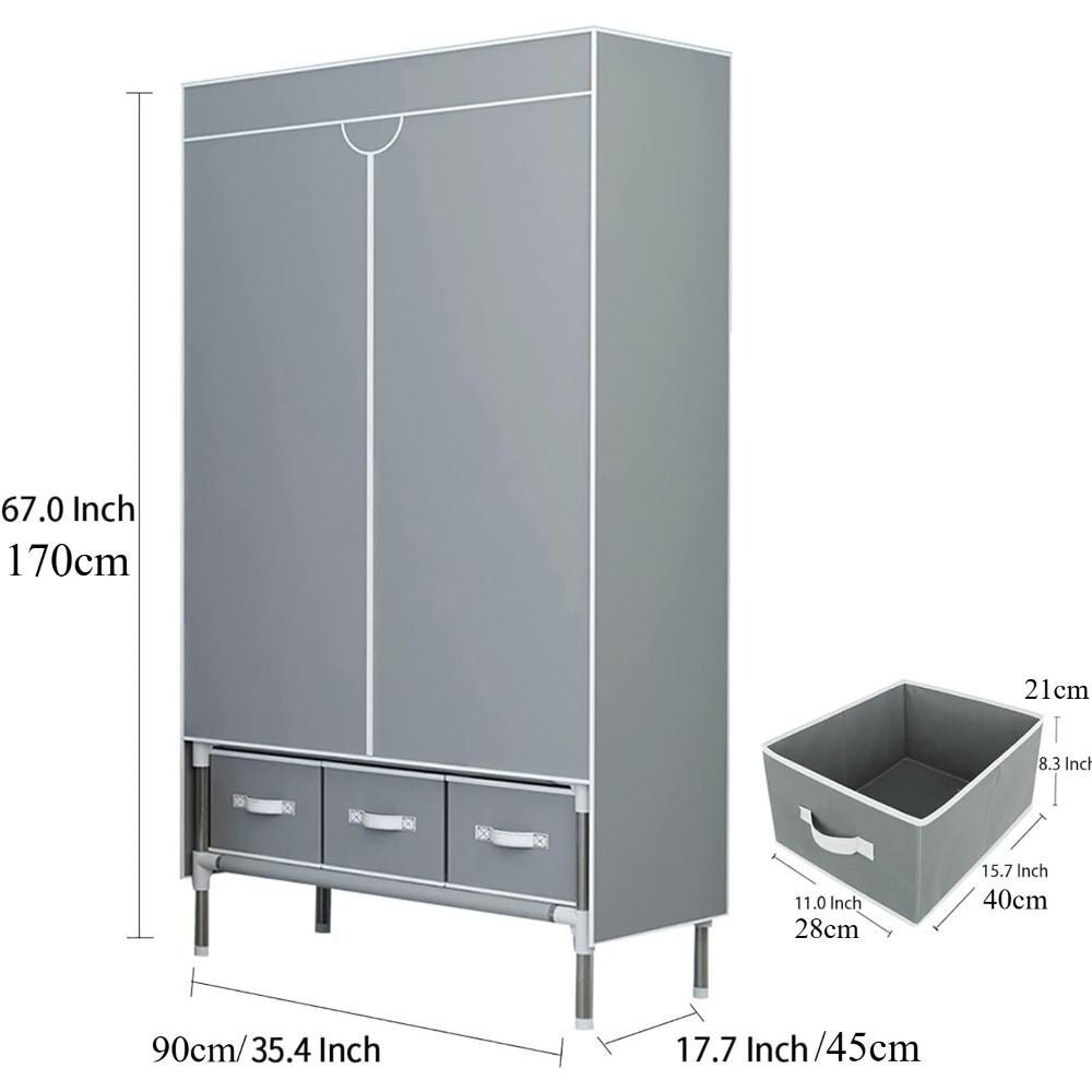Portable Clothes Closet Rolling Door Wardrobe with Hanging Rack Non - Woven Fabric Storage Organizer with Three Drawer Boxes No - Tool Assembly - 67in*35.4in*17.7in(Gray) - DelightsDownSouth
