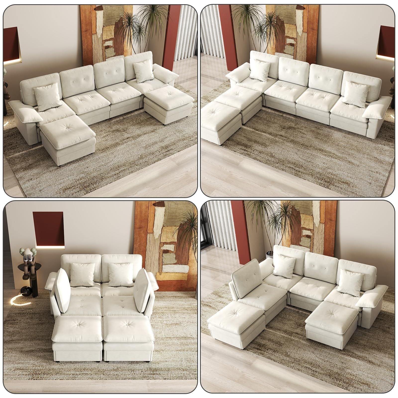 PPL 6 - Seater Modular Sectional Sofa with Movable Ottoman, Comfy Deep Seat Cloud Couch for Living Room, Apartment, Office - DelightsDownSouth