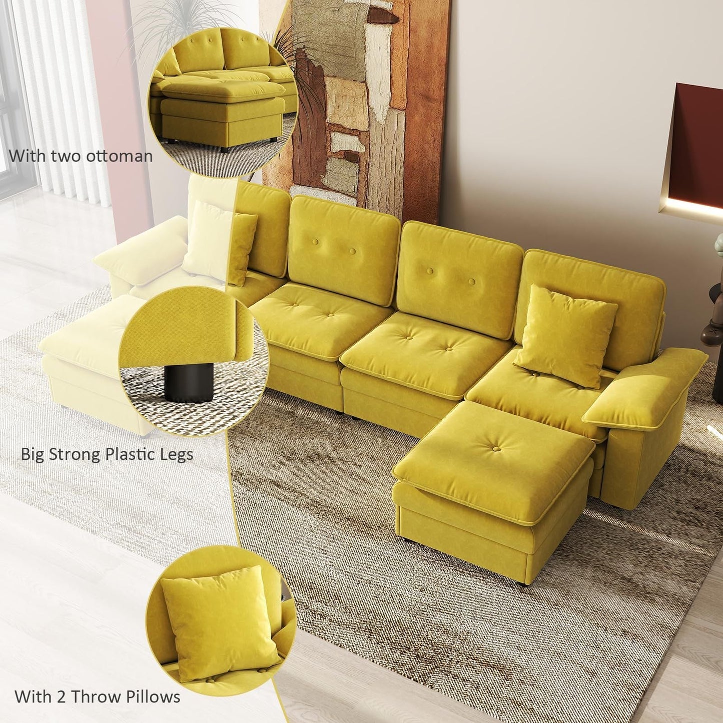 PPL 6 - Seater Modular Sectional Sofa with Movable Ottoman, Comfy Deep Seat Cloud Couch for Living Room, Apartment, Office - DelightsDownSouth