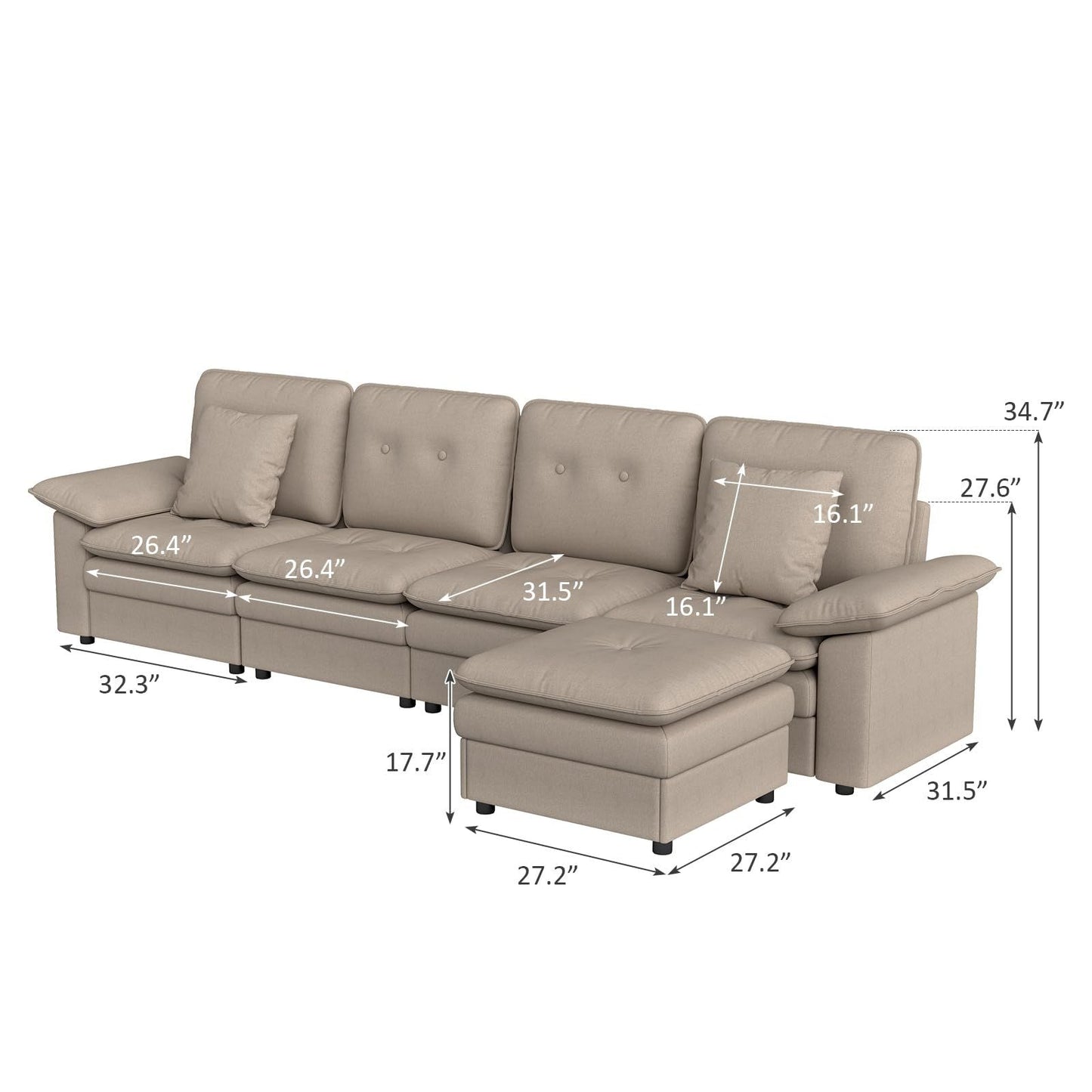 PPL 6 - Seater Modular Sectional Sofa with Movable Ottoman, Comfy Deep Seat Cloud Couch for Living Room, Apartment, Office - DelightsDownSouth