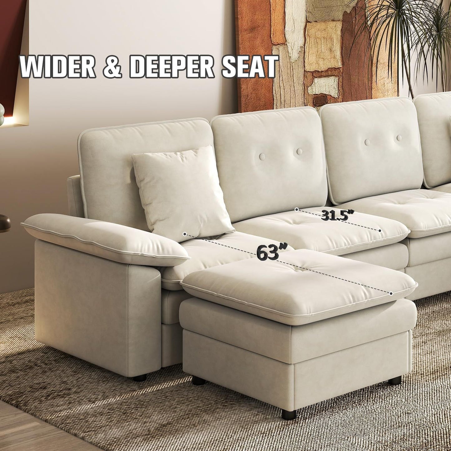 PPL 6 - Seater Modular Sectional Sofa with Movable Ottoman, Comfy Deep Seat Cloud Couch for Living Room, Apartment, Office - DelightsDownSouth
