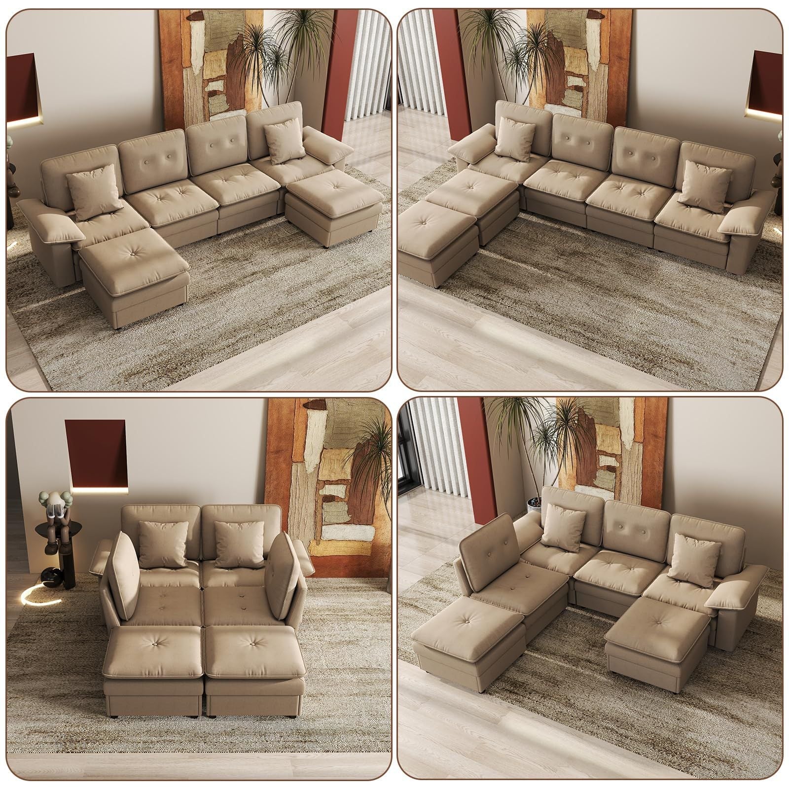 PPL 6 - Seater Modular Sectional Sofa with Movable Ottoman, Comfy Deep Seat Cloud Couch for Living Room, Apartment, Office - DelightsDownSouth