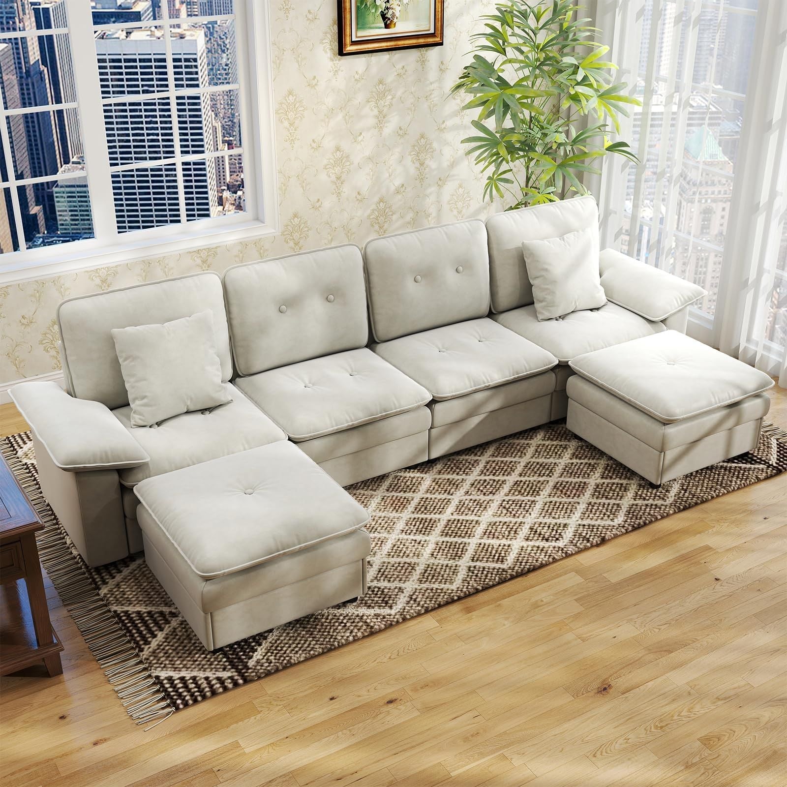 PPL 6 - Seater Modular Sectional Sofa with Movable Ottoman, Comfy Deep Seat Cloud Couch for Living Room, Apartment, Office - DelightsDownSouth