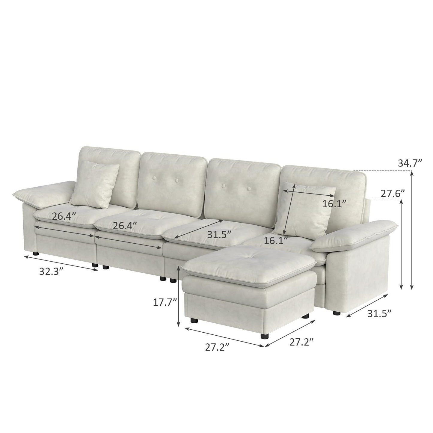PPL 6 - Seater Modular Sectional Sofa with Movable Ottoman, Comfy Deep Seat Cloud Couch for Living Room, Apartment, Office - DelightsDownSouth