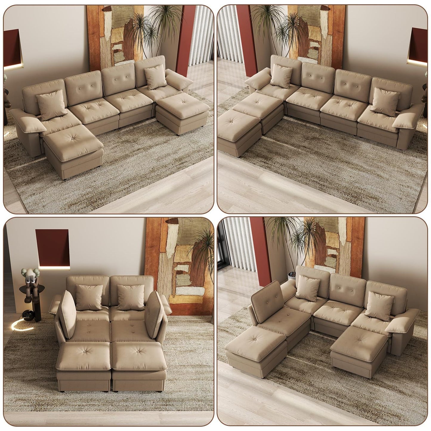 PPL 6 - Seater Modular Sectional Sofa with Movable Ottoman, Comfy Deep Seat Cloud Couch for Living Room, Apartment, Office - DelightsDownSouth