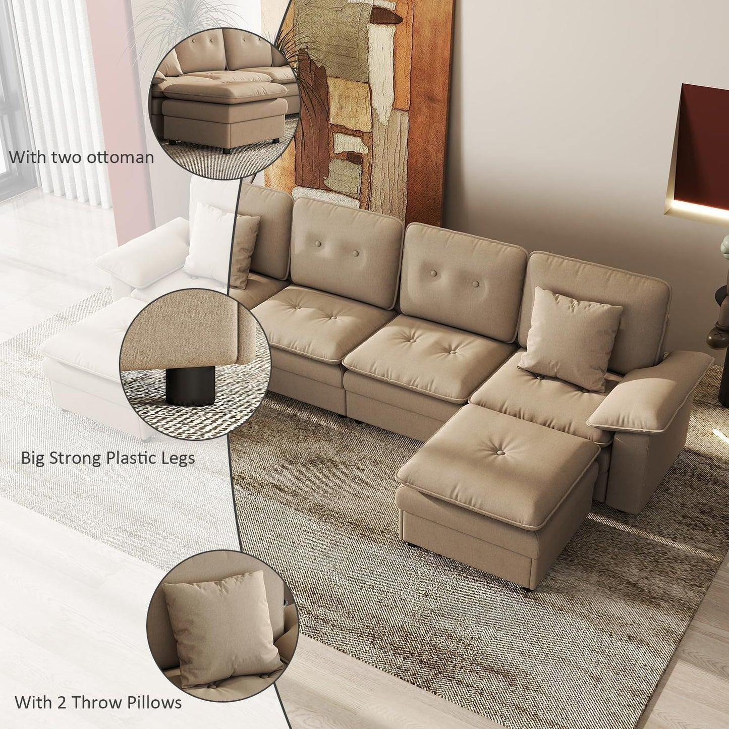 PPL 6 - Seater Modular Sectional Sofa with Movable Ottoman, Comfy Deep Seat Cloud Couch for Living Room, Apartment, Office - DelightsDownSouth