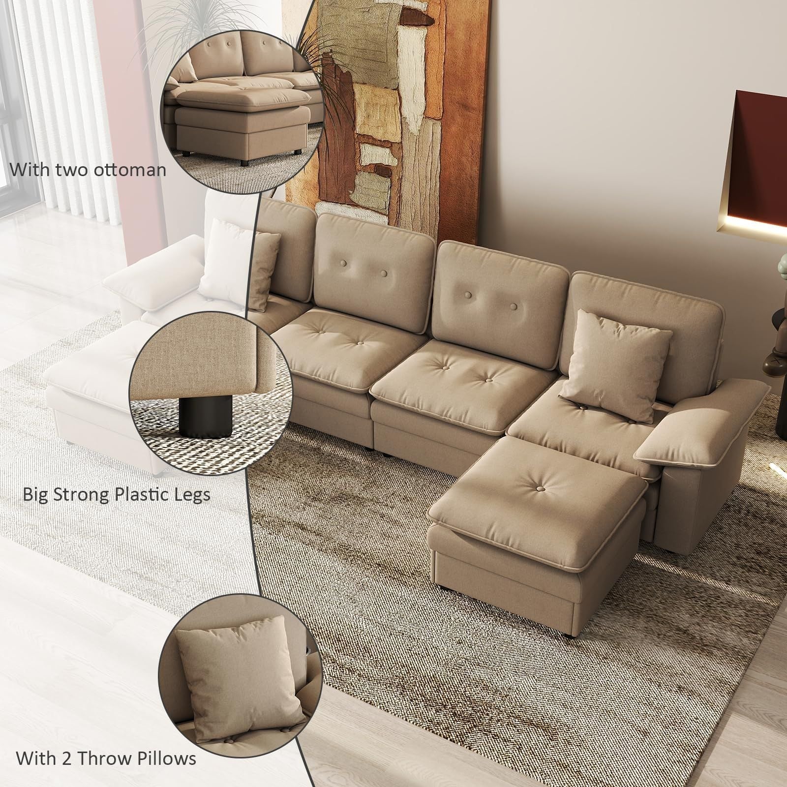 PPL 6 - Seater Modular Sectional Sofa with Movable Ottoman, Comfy Deep Seat Cloud Couch for Living Room, Apartment, Office - DelightsDownSouth