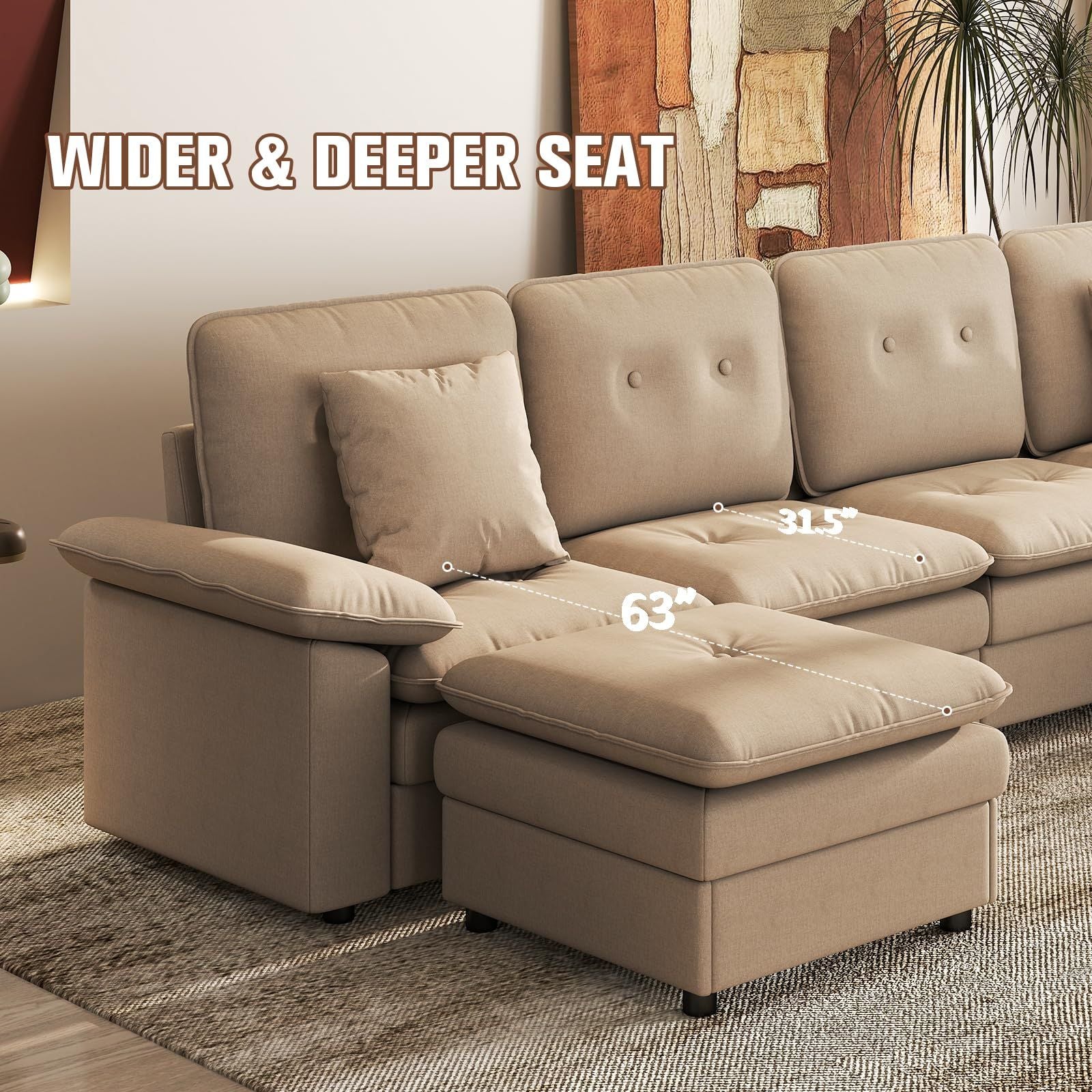 PPL 6 - Seater Modular Sectional Sofa with Movable Ottoman, Comfy Deep Seat Cloud Couch for Living Room, Apartment, Office - DelightsDownSouth