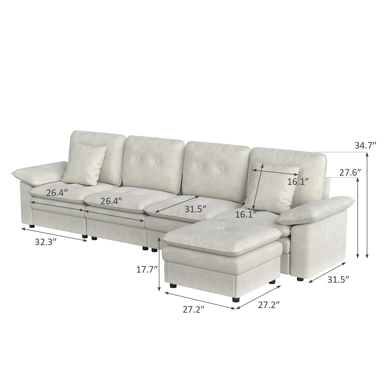 PPL 6 - Seater Modular Sectional Sofa with Movable Ottoman, Comfy Deep Seat Cloud Couch for Living Room, Apartment, Office - DelightsDownSouth