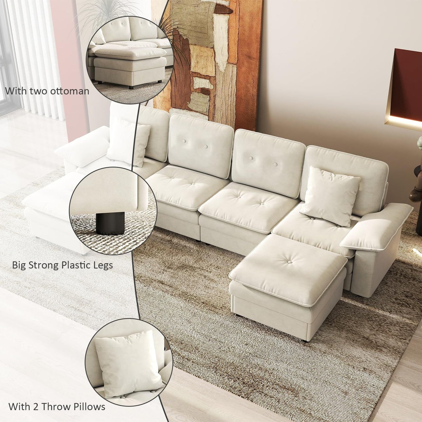 PPL 6 - Seater Modular Sectional Sofa with Movable Ottoman, Comfy Deep Seat Cloud Couch for Living Room, Apartment, Office - DelightsDownSouth