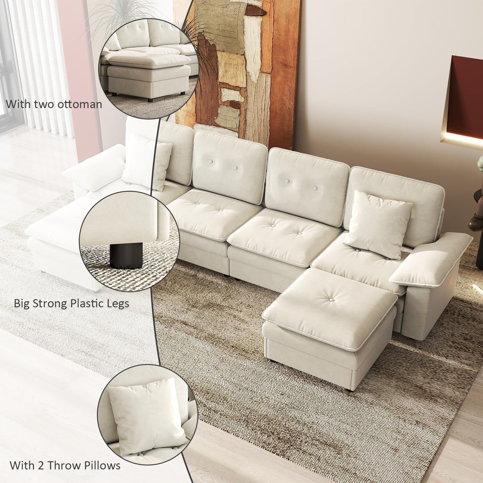 PPL 6 - Seater Modular Sectional Sofa with Movable Ottoman, Comfy Deep Seat Cloud Couch for Living Room, Apartment, Office - DelightsDownSouth