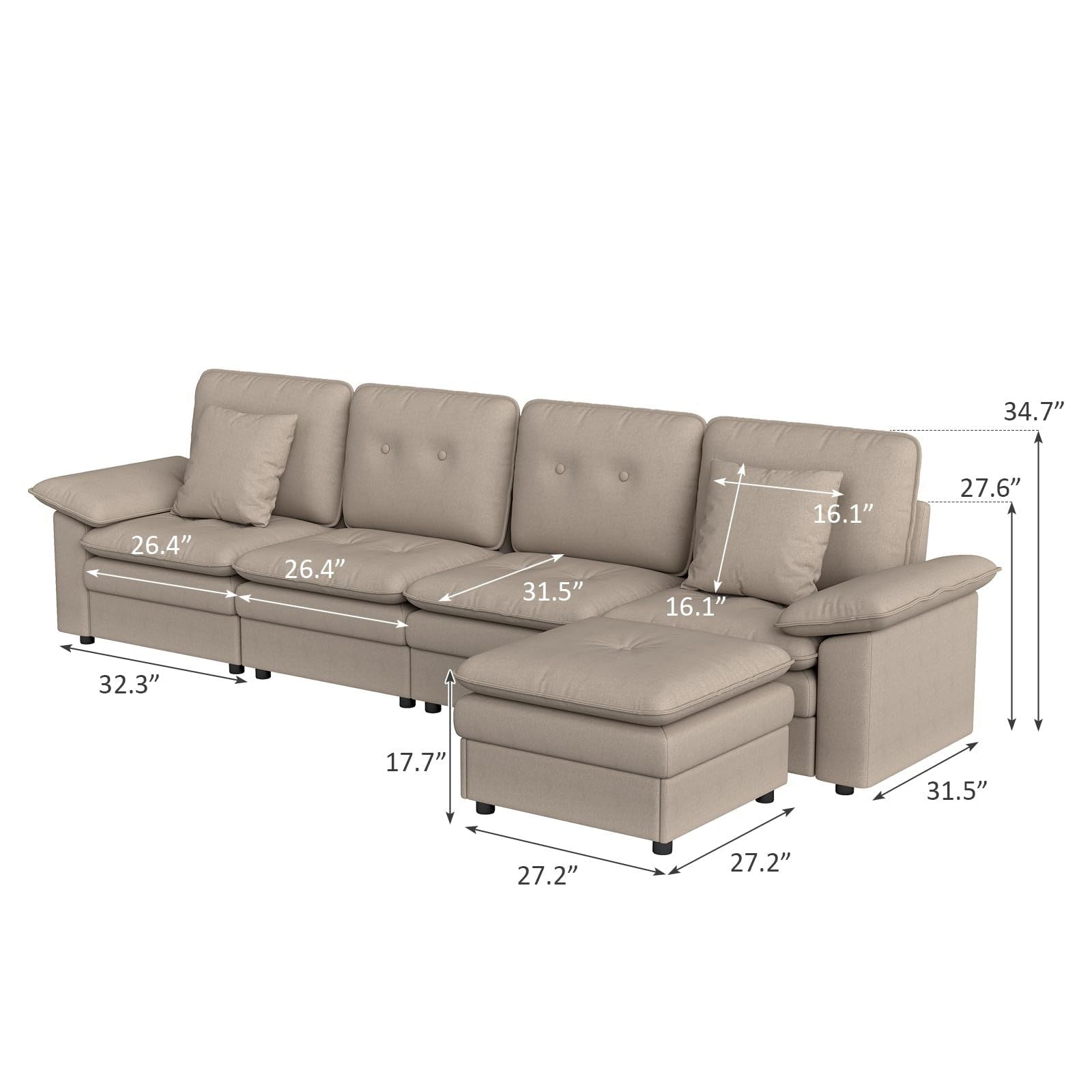 PPL 6 - Seater Modular Sectional Sofa with Movable Ottoman, Comfy Deep Seat Cloud Couch for Living Room, Apartment, Office - DelightsDownSouth
