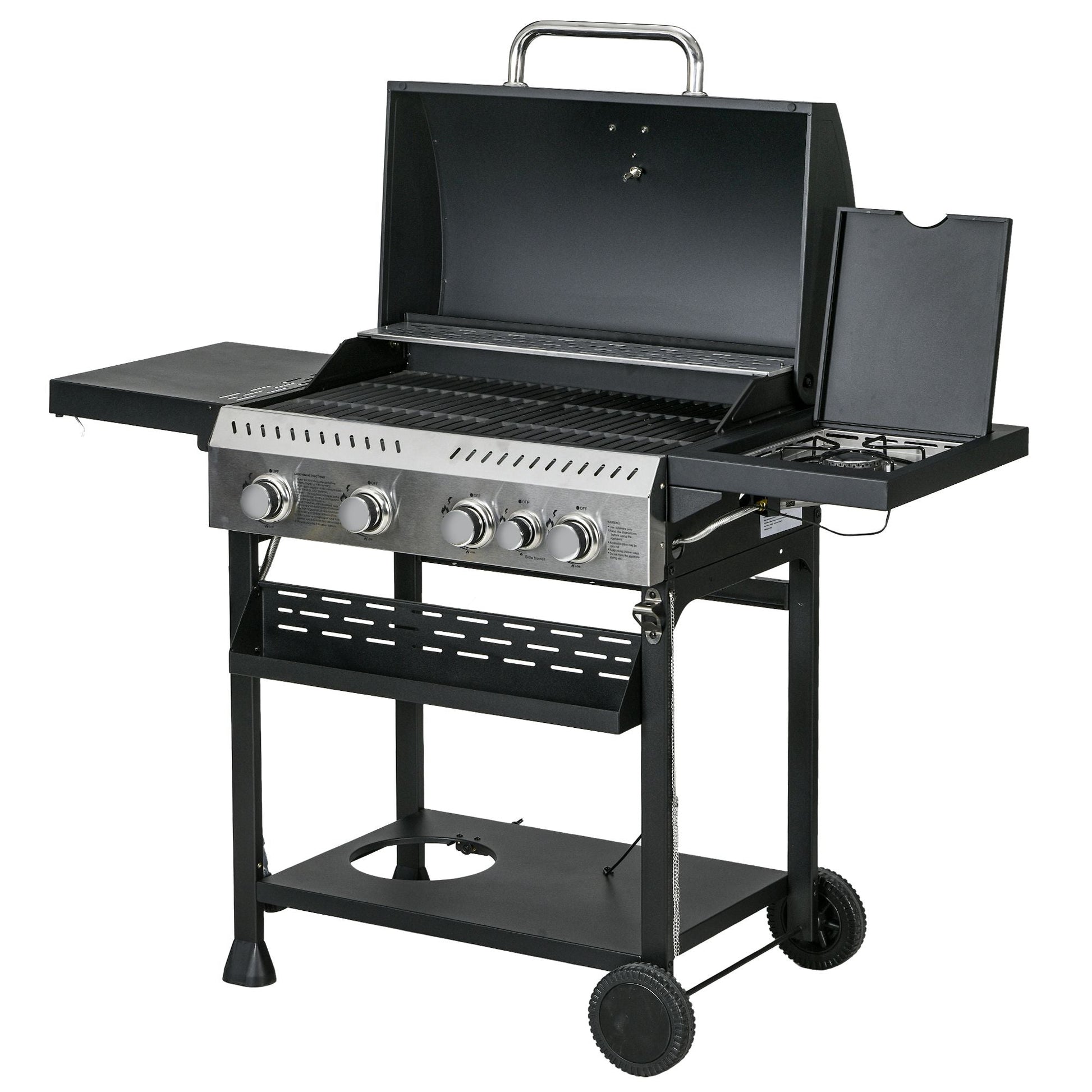 Propane Gas Grill 4+1 Burner 40000 BTU BBQ Trolley with Warming Rack Shelves Bottle Opener Thermometer - DelightsDownSouth