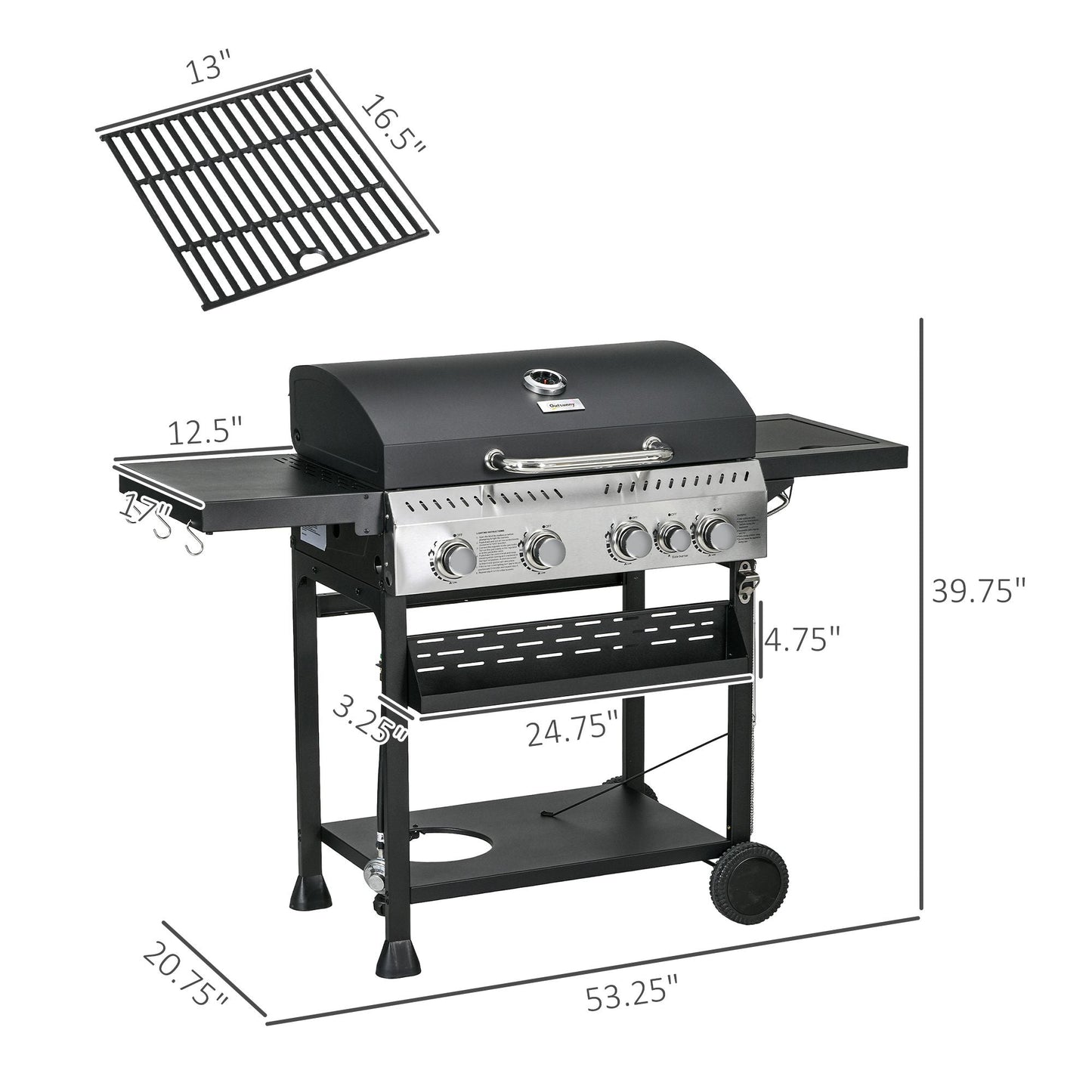 Propane Gas Grill 4+1 Burner 40000 BTU BBQ Trolley with Warming Rack Shelves Bottle Opener Thermometer - DelightsDownSouth