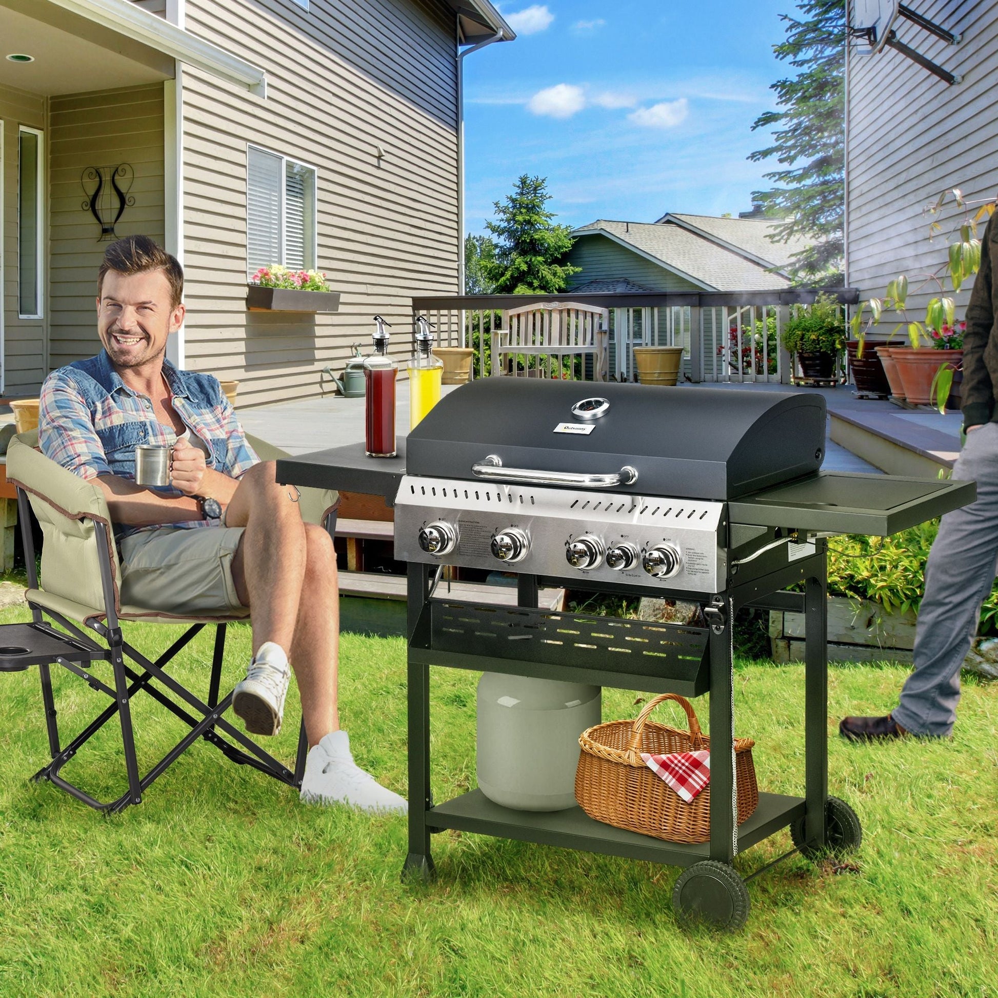 Propane Gas Grill 4+1 Burner 40000 BTU BBQ Trolley with Warming Rack Shelves Bottle Opener Thermometer - DelightsDownSouth