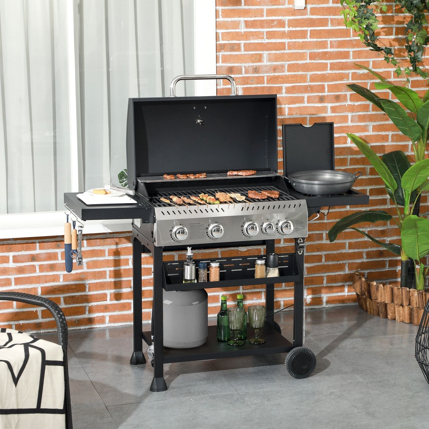 Propane Gas Grill 4+1 Burner 40000 BTU BBQ Trolley with Warming Rack Shelves Bottle Opener Thermometer - DelightsDownSouth