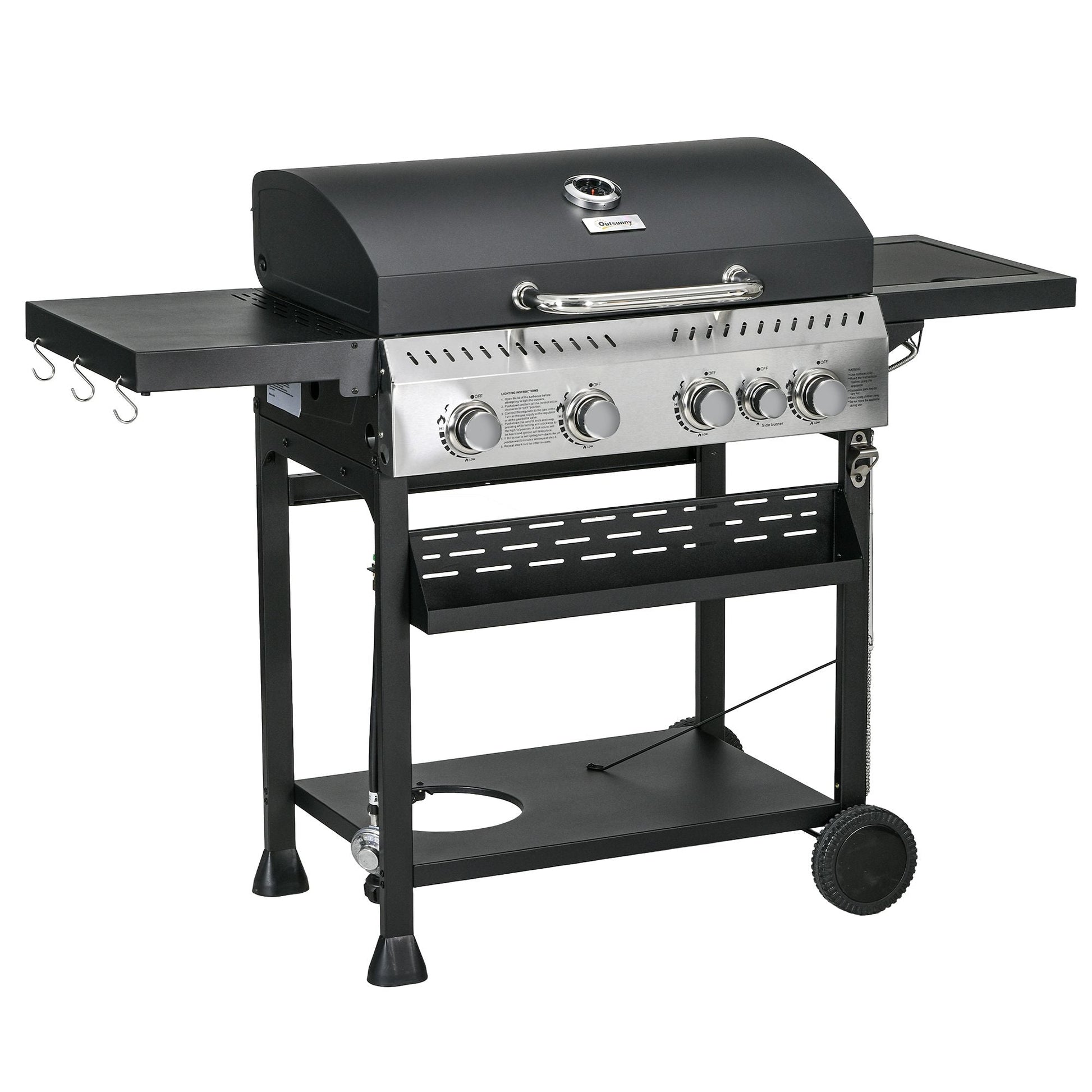 Propane Gas Grill 4+1 Burner 40000 BTU BBQ Trolley with Warming Rack Shelves Bottle Opener Thermometer - DelightsDownSouth