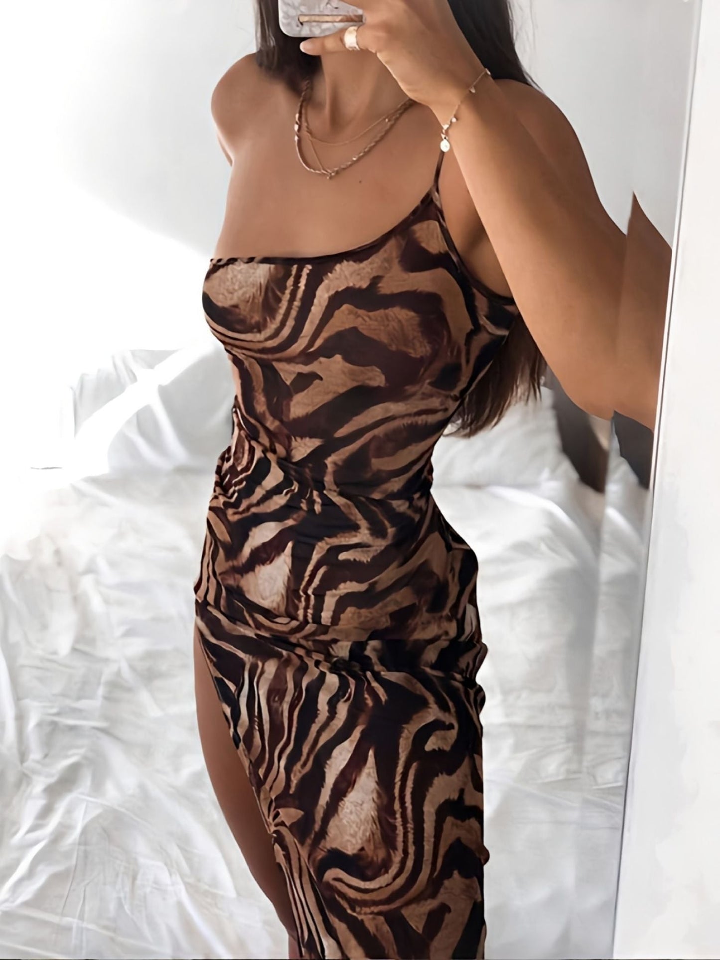 Sexy Slant Shoulder Tiger Print Split Bag Hip Suspender Maxi Dress; Women's Dresses - DelightsDownSouth