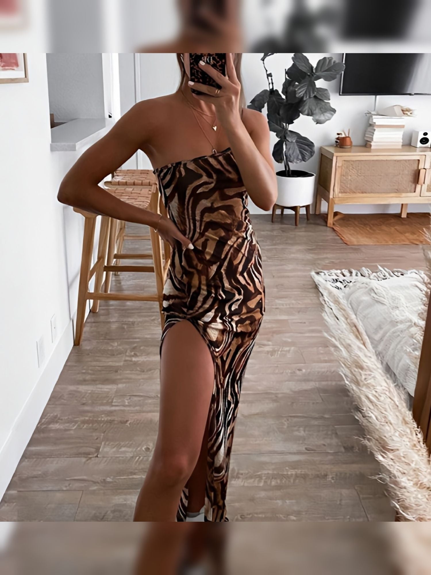 Sexy Slant Shoulder Tiger Print Split Bag Hip Suspender Maxi Dress; Women's Dresses - DelightsDownSouth