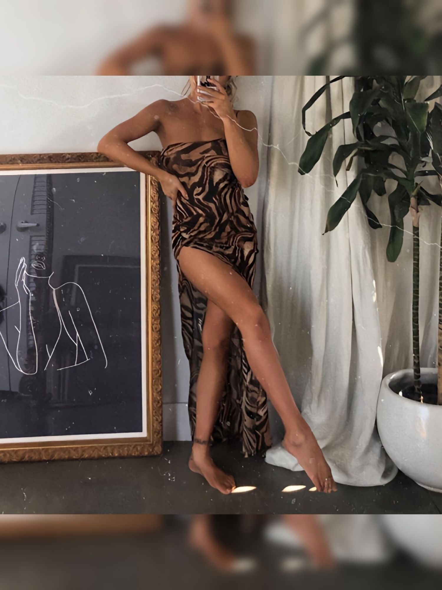 Sexy Slant Shoulder Tiger Print Split Bag Hip Suspender Maxi Dress; Women's Dresses - DelightsDownSouth