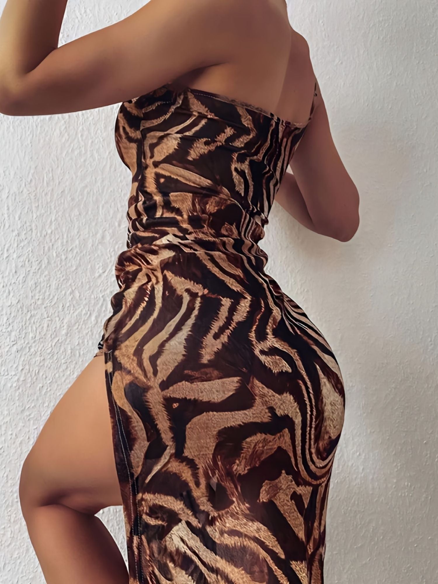 Sexy Slant Shoulder Tiger Print Split Bag Hip Suspender Maxi Dress; Women's Dresses - DelightsDownSouth