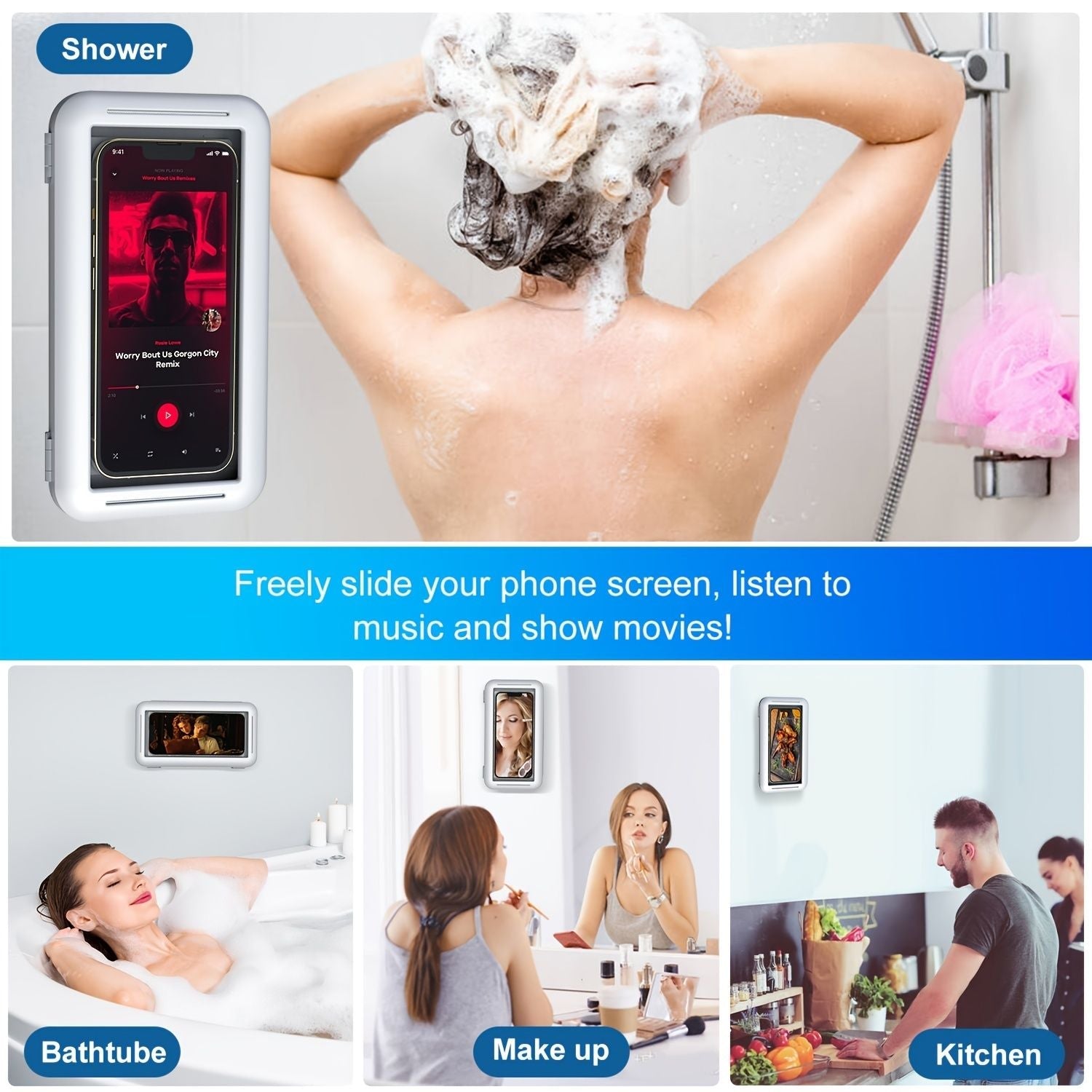Shower Phone Holder Waterproof Case; Anti - Fog HD Touchscreen Wall Shower Phone Mount For Bathroom Mirror Bathtub Kitchen Fits Cell Phones Under 7.3 Inch - DelightsDownSouth